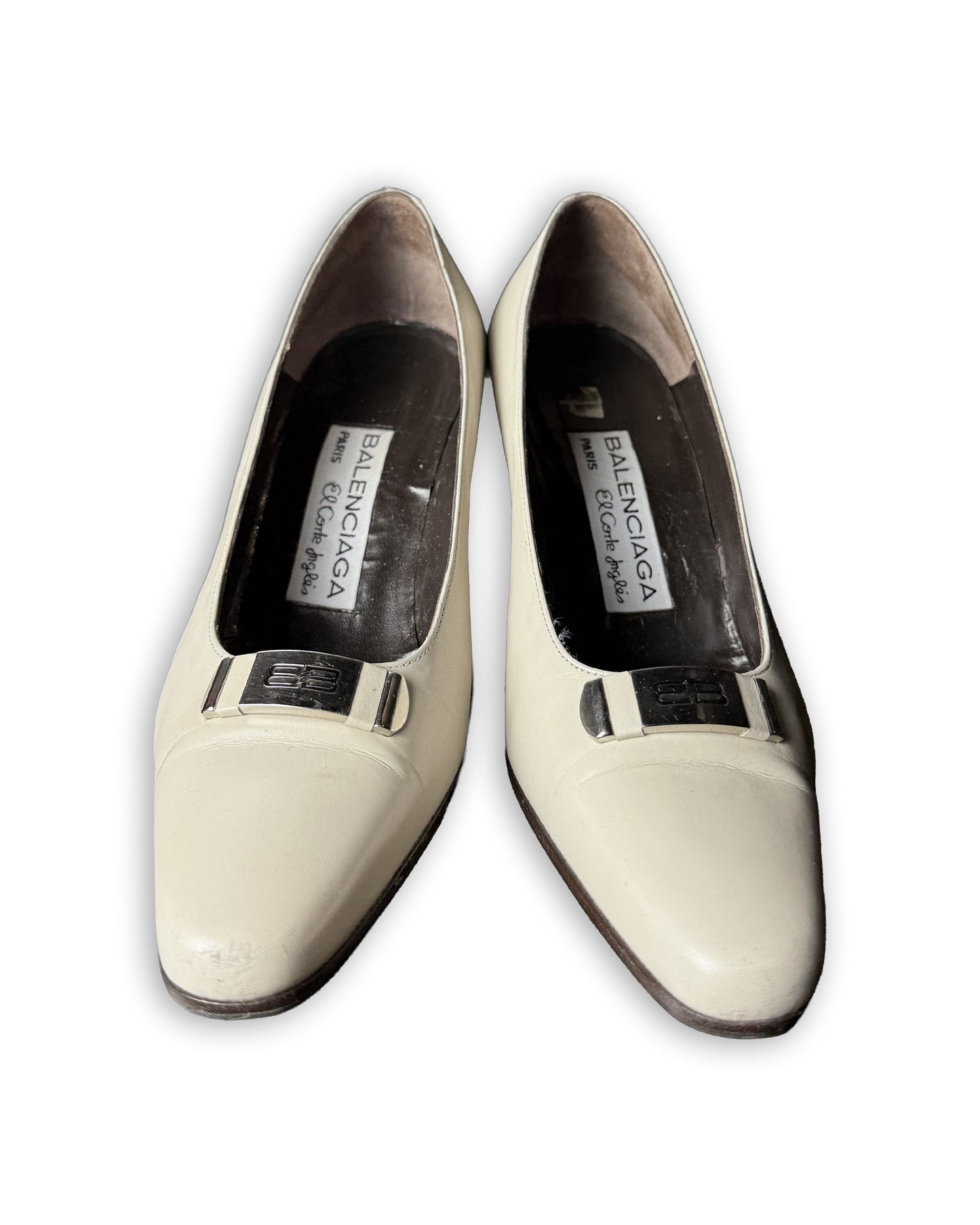 Vintage Balenciaga Off-White Leather BB Logo Buckle Pumps - EU 35