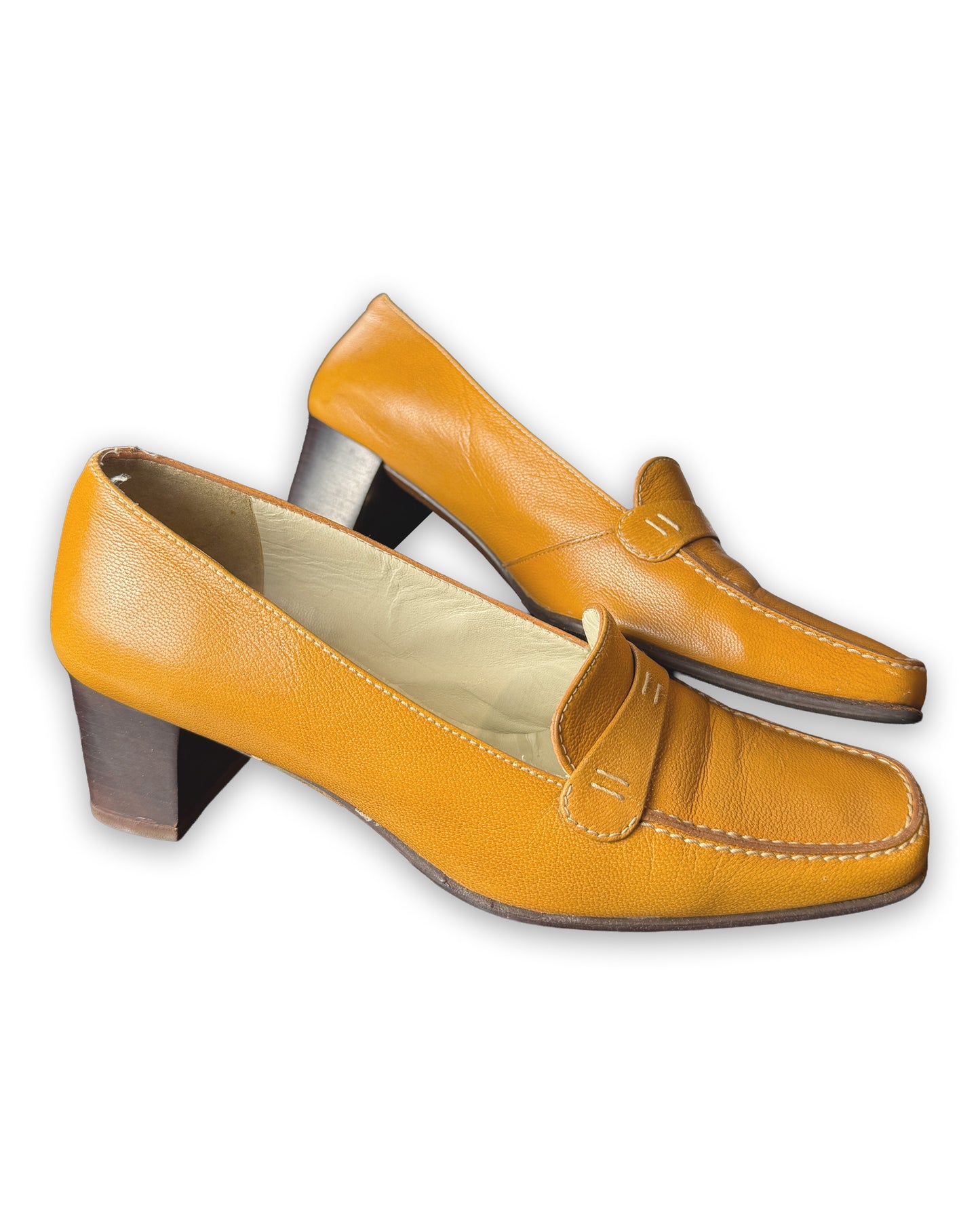 Vintage 90s Balenciaga Mustard Yellow Leather Heeled Loafers | EU 35C