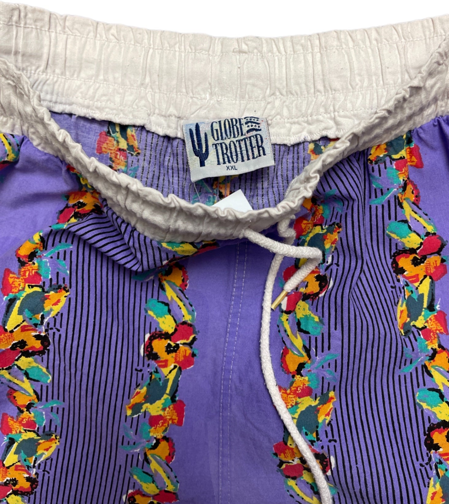 Vintage Globetrotter Shorts Lila mit buntem Muster Baumwolle XXL