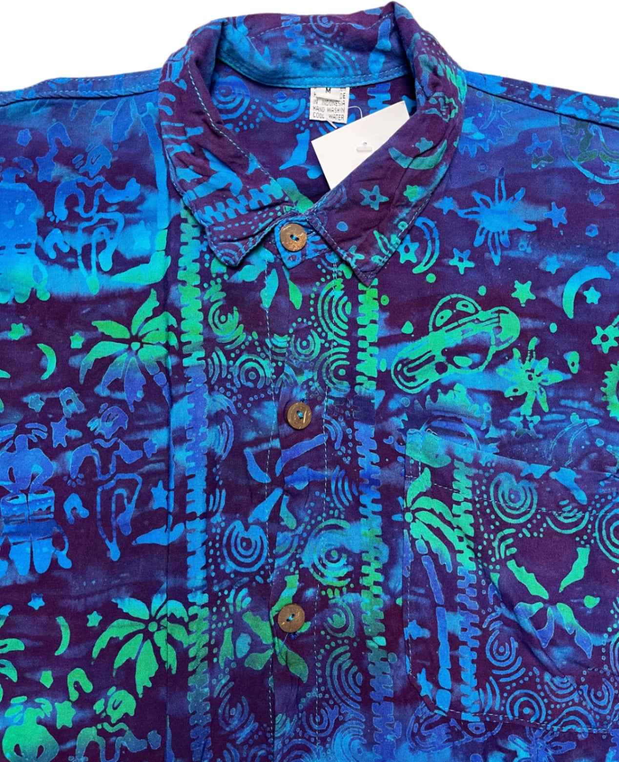 Vintage Bikini Bottom Shortsleeve Shirt Summer Blue Rayon M