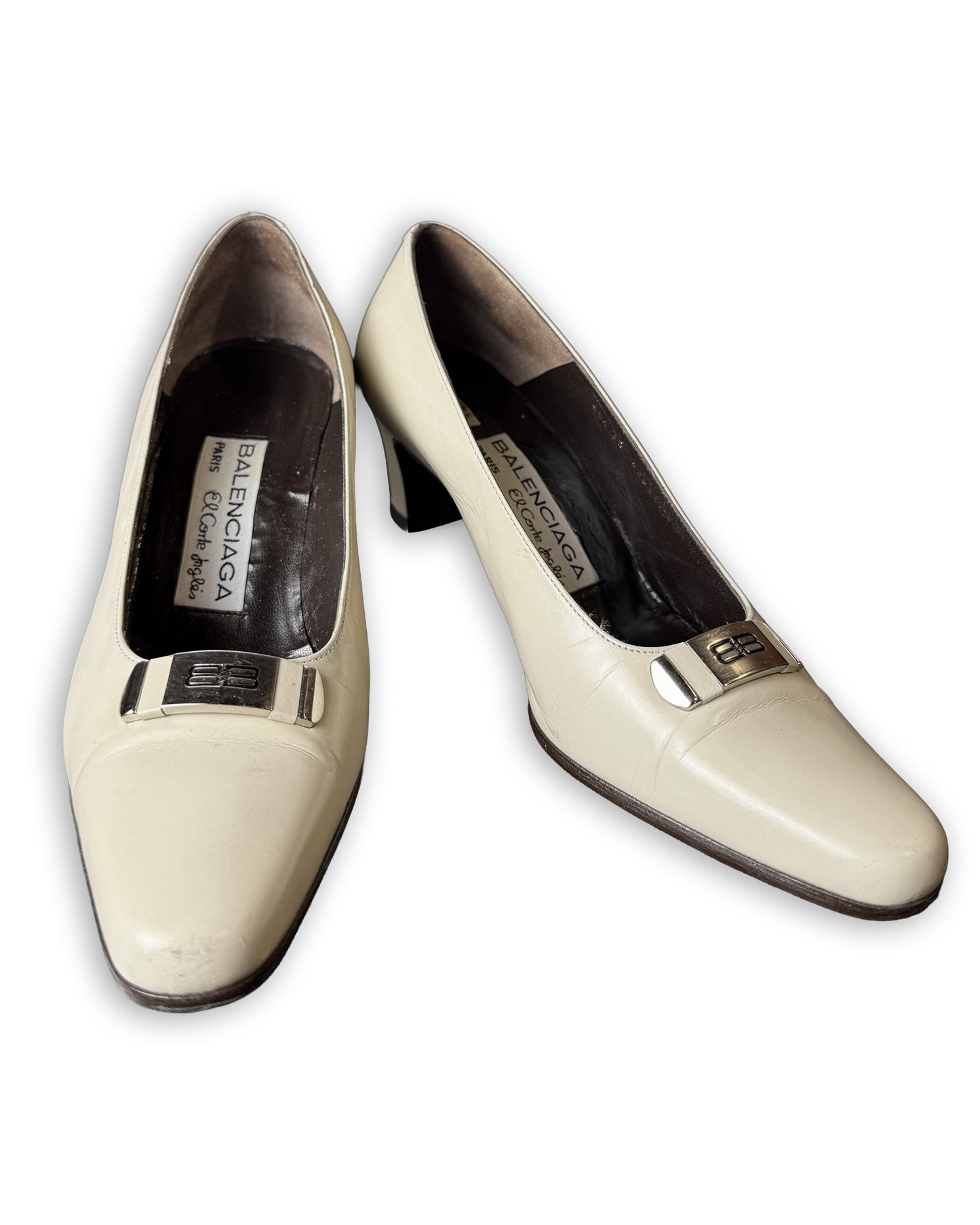 Vintage Balenciaga Off-White Leather BB Logo Buckle Pumps - EU 35