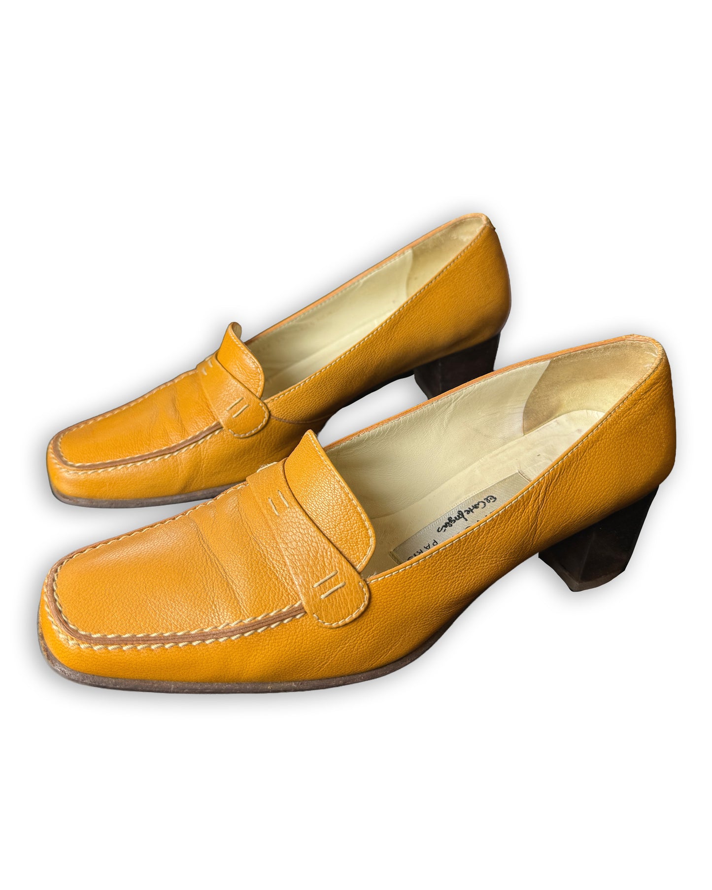 Vintage 90s Balenciaga Mustard Yellow Leather Heeled Loafers | EU 35C