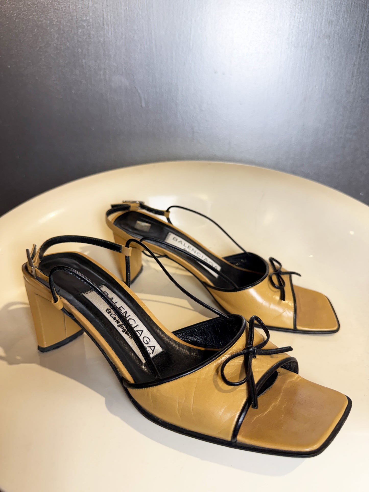 Vintage 90s Balenciaga Paris two tone beige and black square toe bow sandals side view
