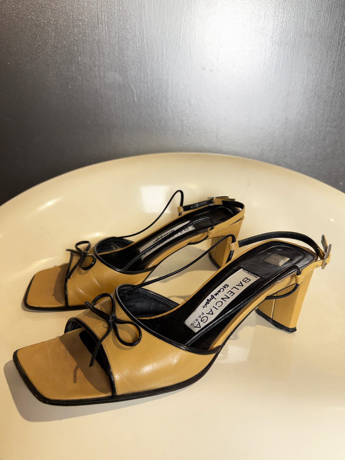 Vintage 90s Balenciaga Paris two tone beige and black square toe bow sandals side view