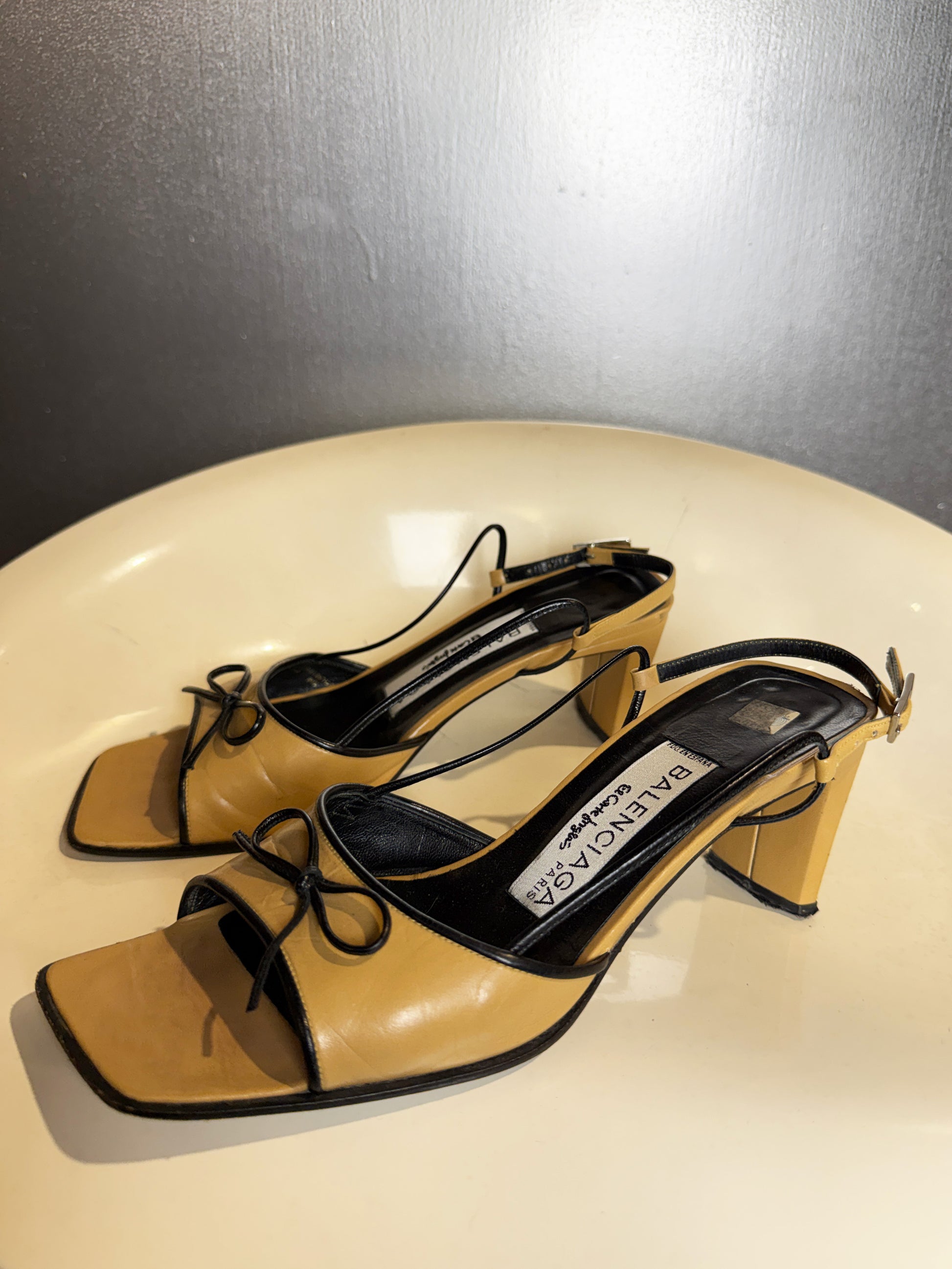 Vintage 90s Balenciaga Paris two tone beige and black square toe bow sandals side view