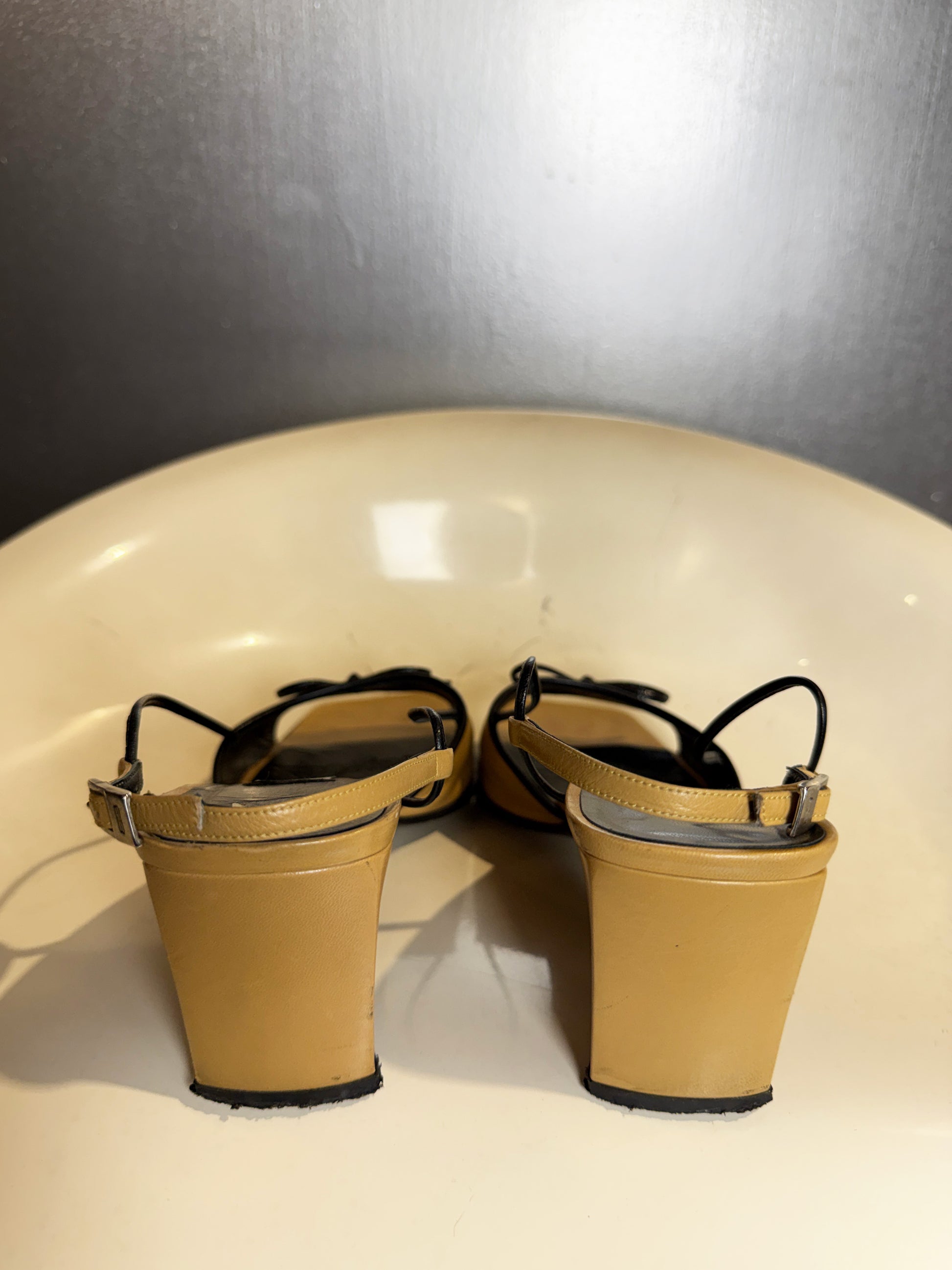 Vintage 90s Balenciaga Paris two tone beige and black square toe bow sandals rare view