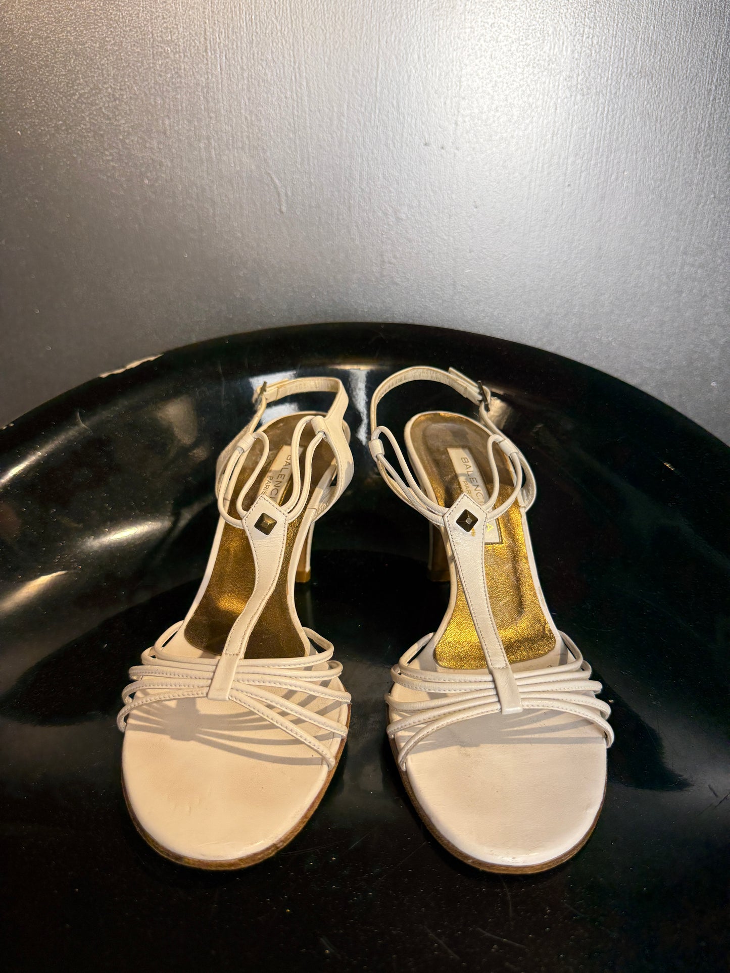 Vintage 90s Balenciaga Paris White Strappy T-Strap Heeled Sandals | EU 38