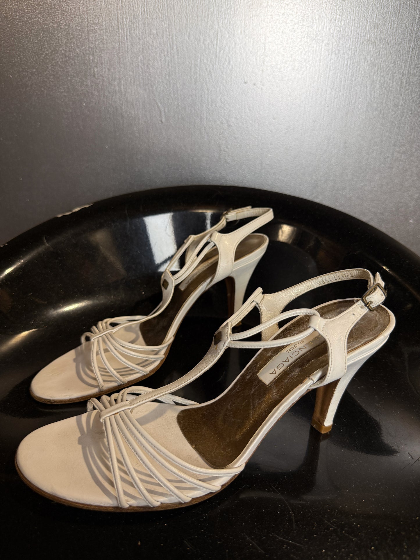 Vintage 90s Balenciaga Paris White Strappy T-Strap Heeled Sandals | EU 38