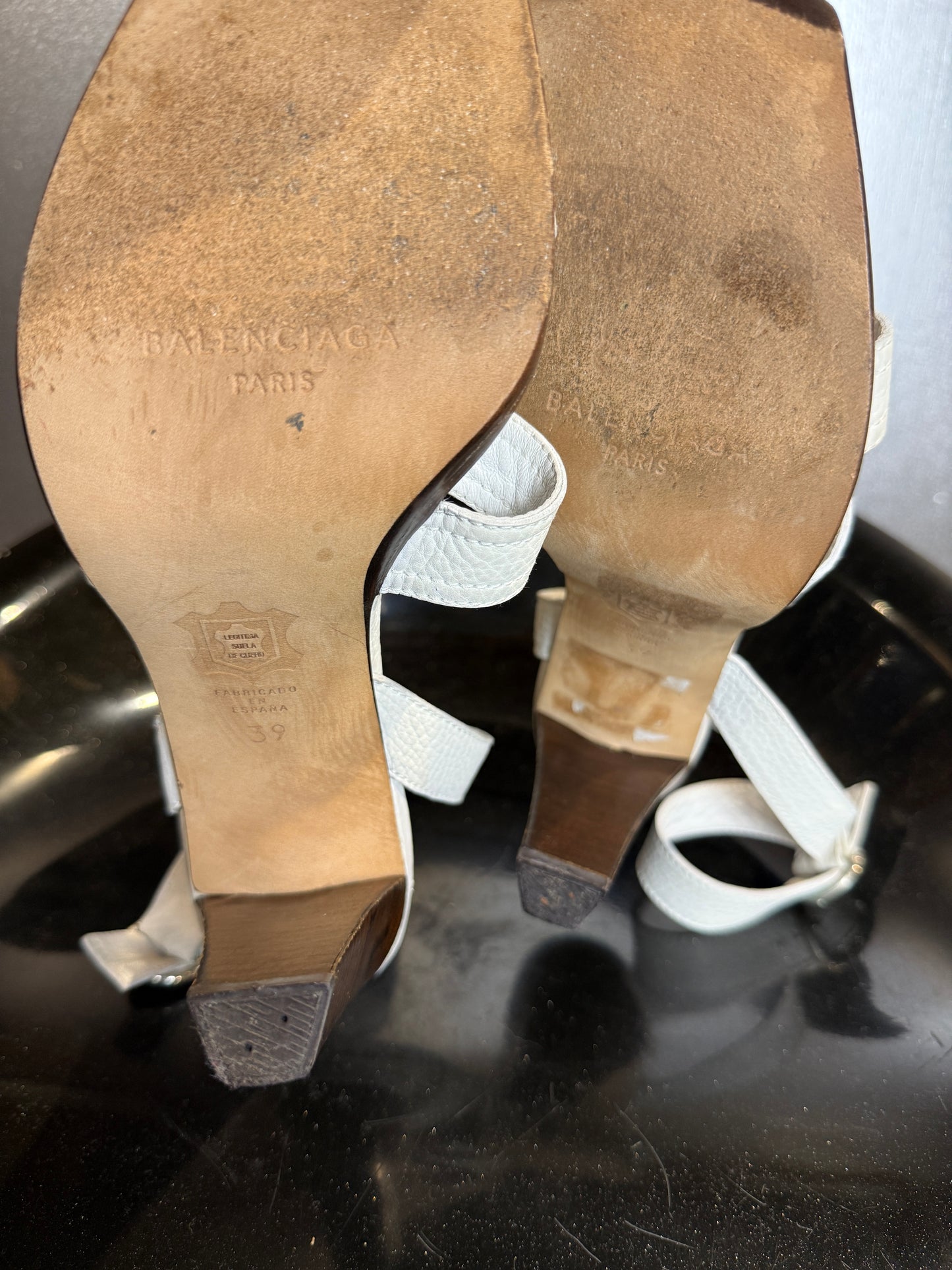Vintage 90s Balenciaga Paris White Textured Leather Ankle-Wrap Sandals | EU 39