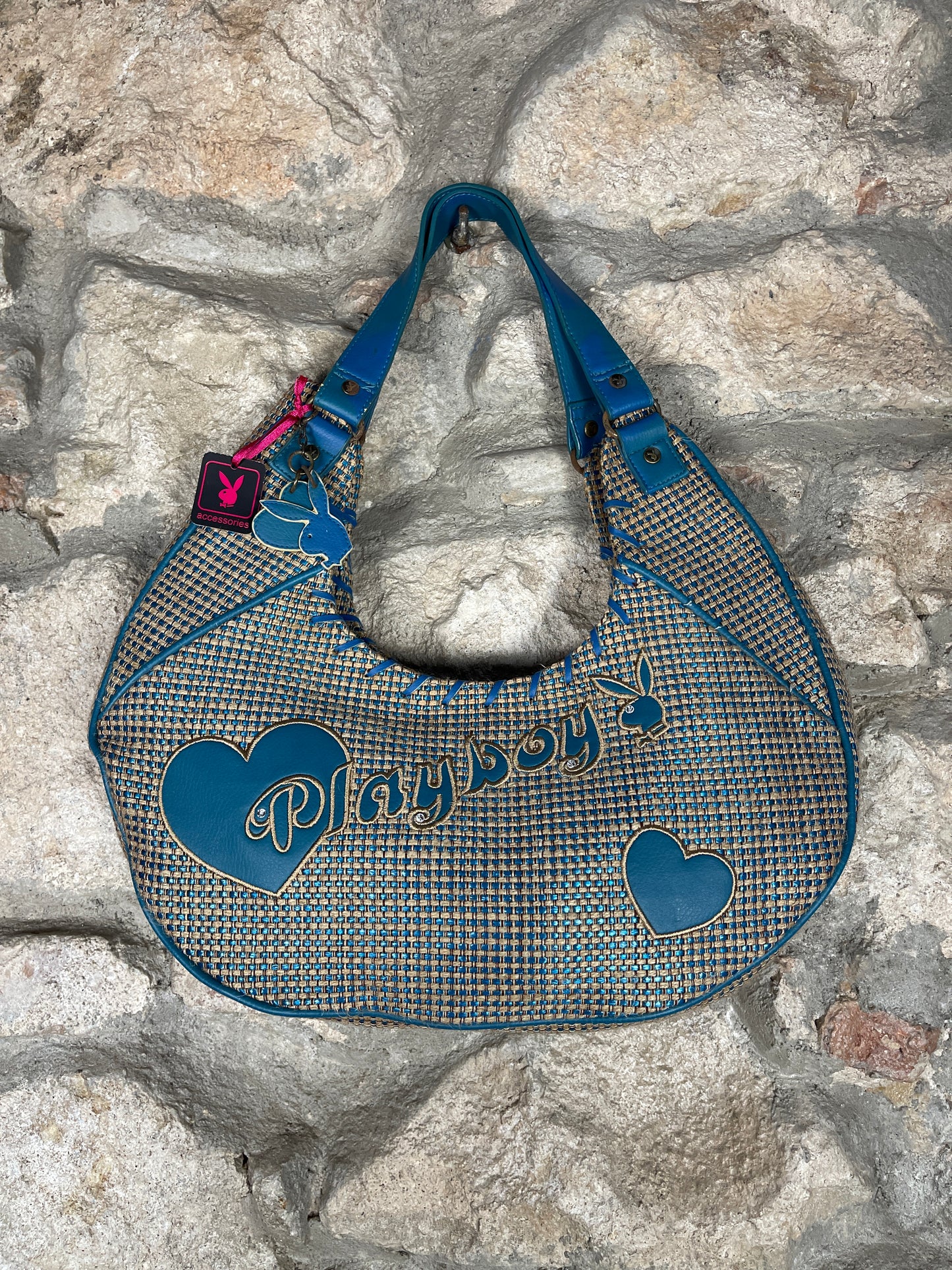 Y2K PLayboy Shoulder Bag Jute Blue Brown Deadstock 2004