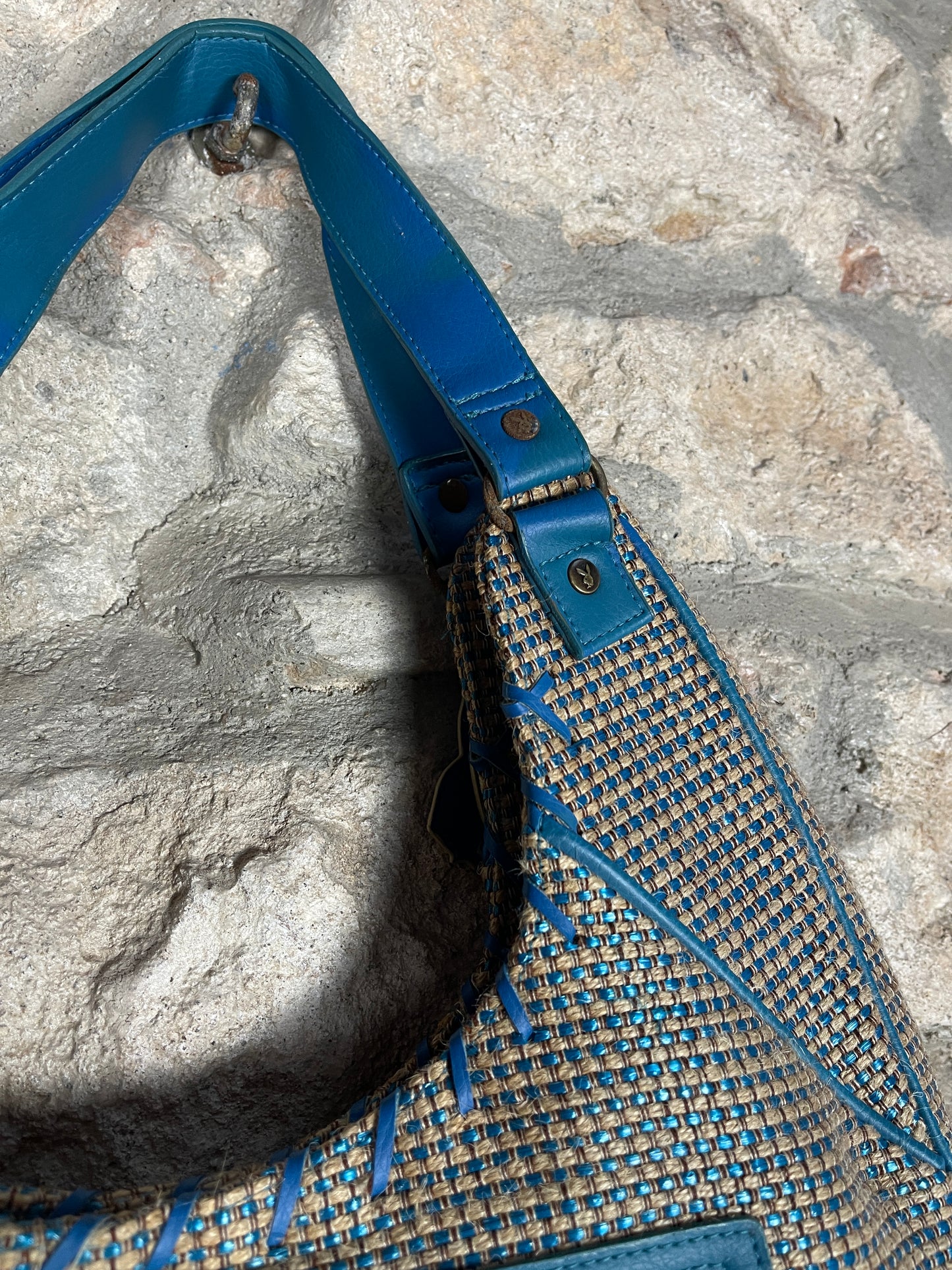 Y2K PLayboy Shoulder Bag Jute Blue Brown Deadstock 2004
