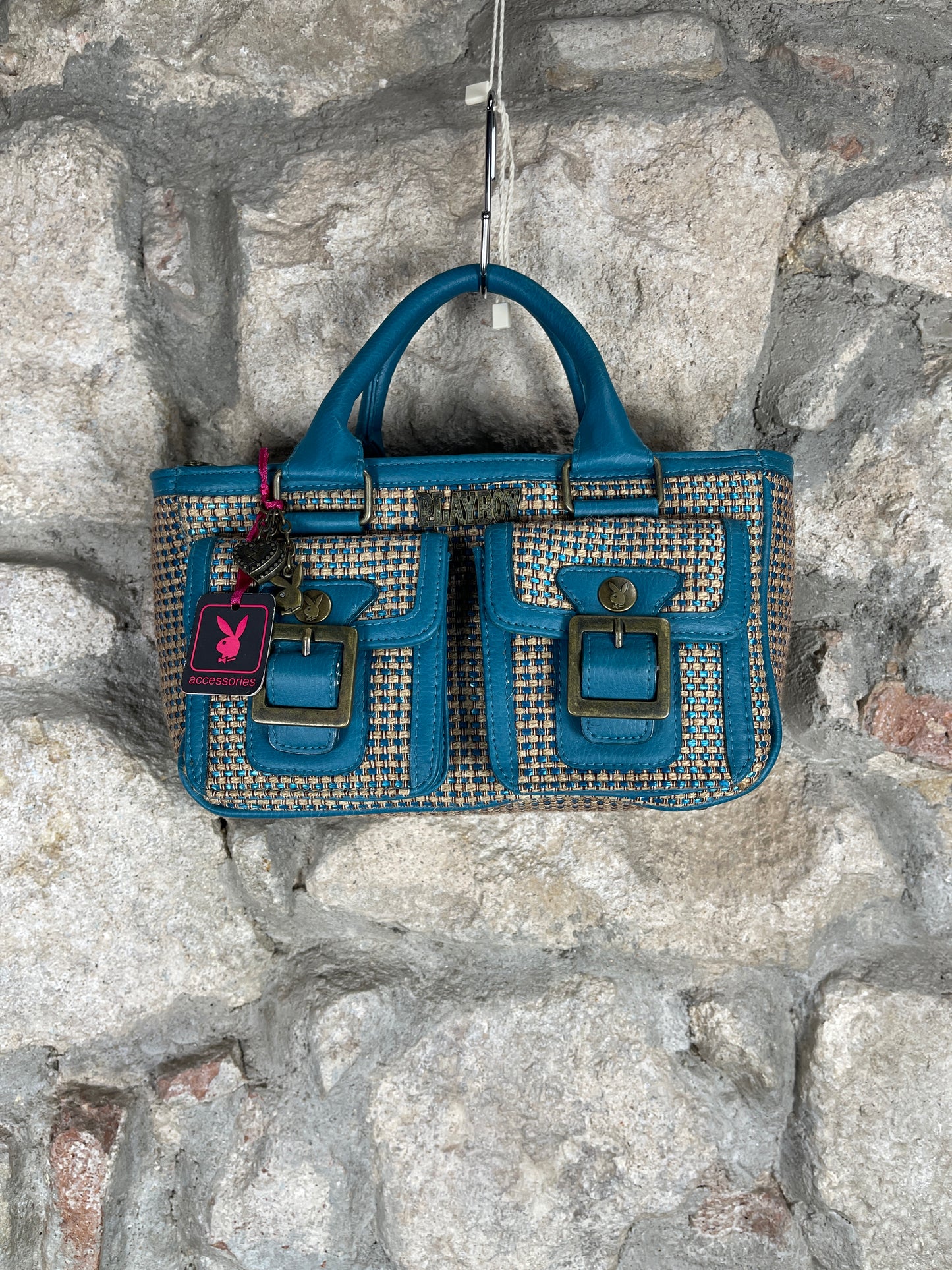 Y2K Playboy Hand Bag Jute Turquoise Creme Deadstock 2004