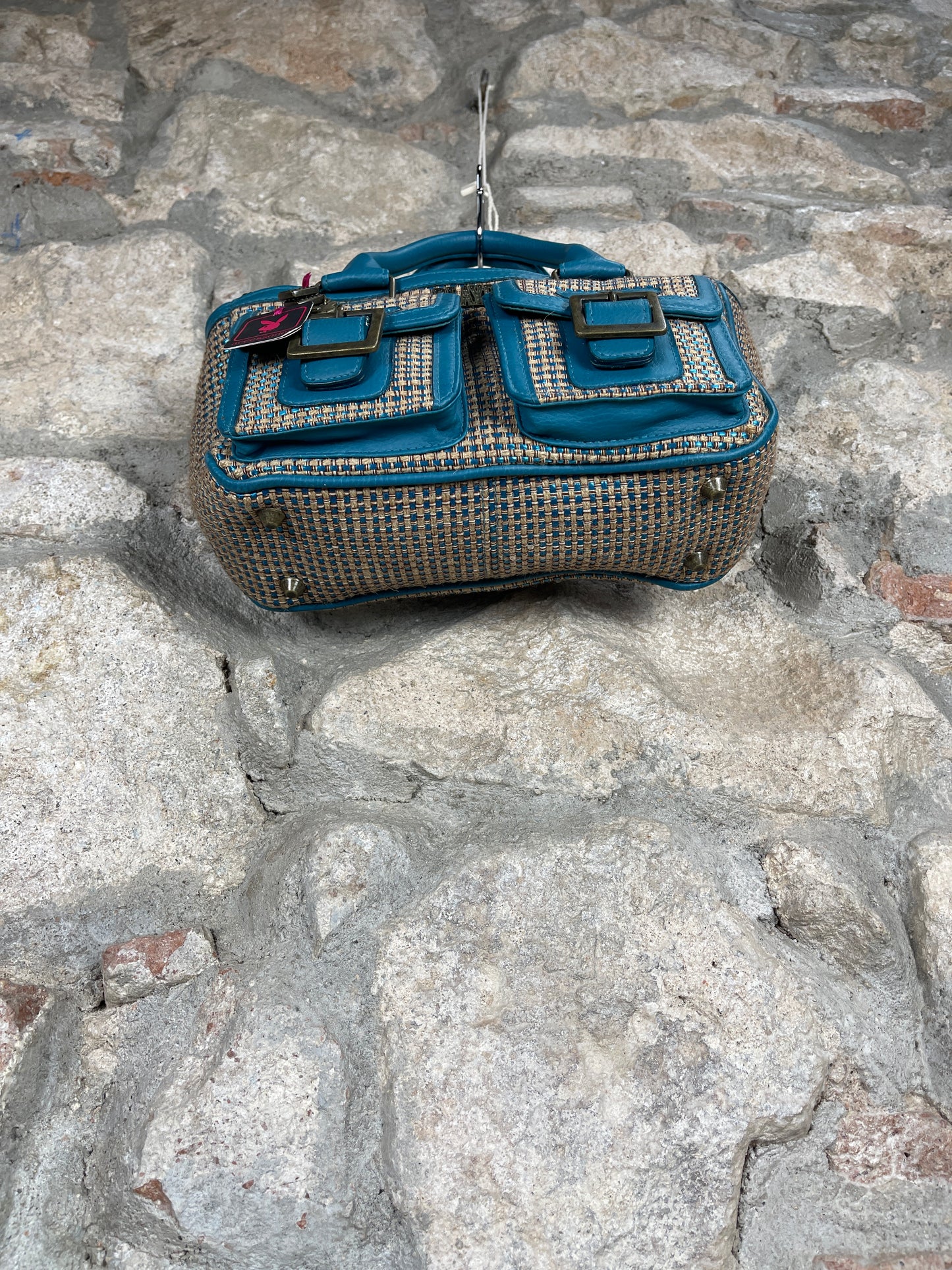 Y2K Playboy Hand Bag Jute Turquoise Creme Deadstock 2004