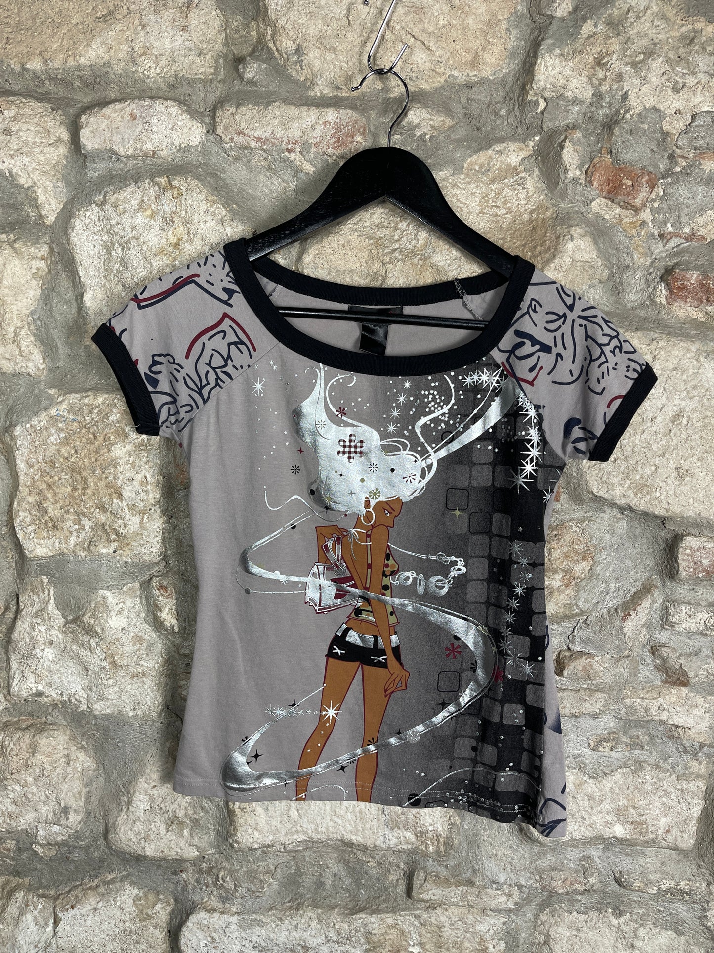 Y2K Custo Barcelona Short Sleeve Top Silver M