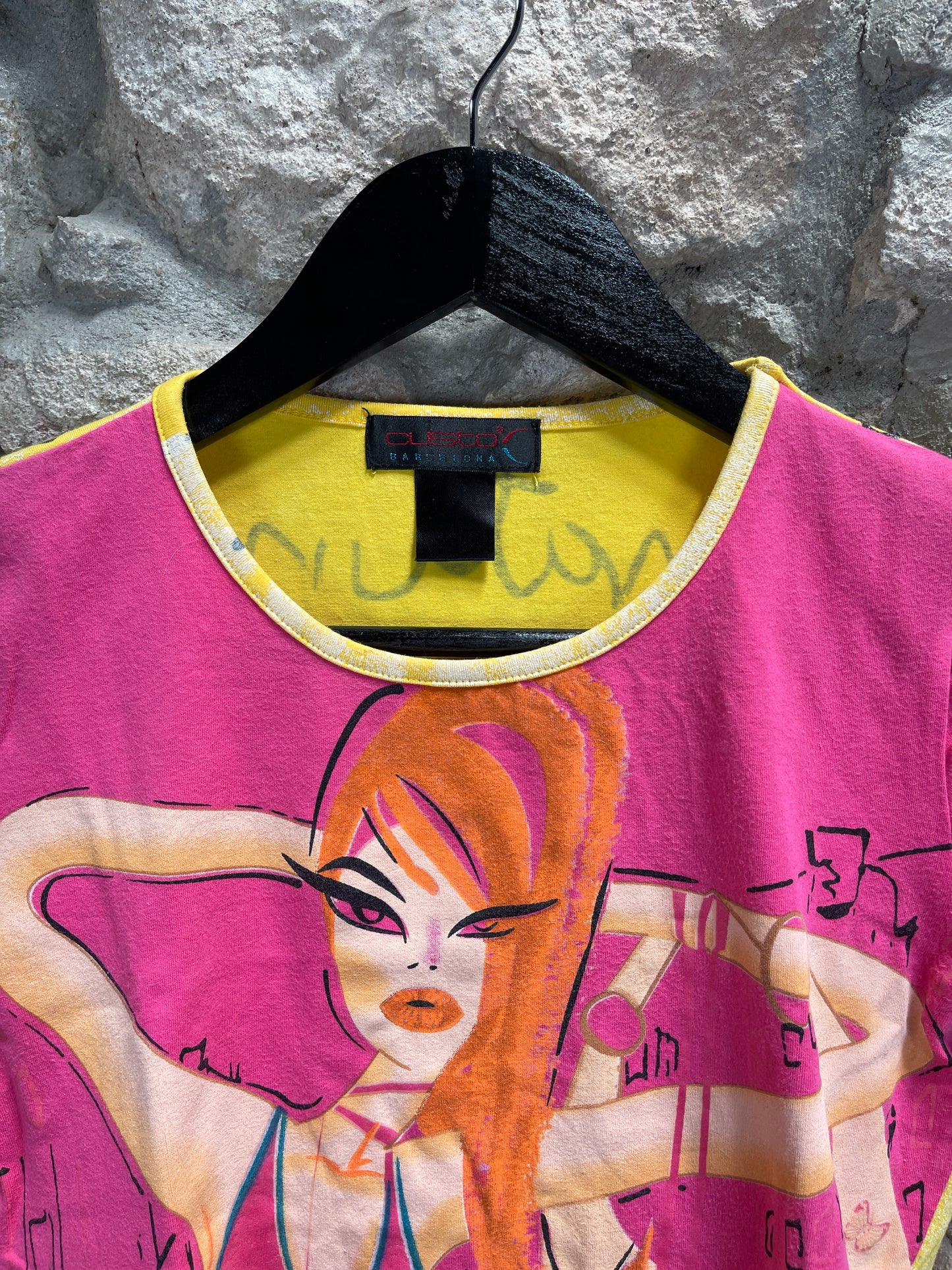 Vintage Custo Barcelona Short Sleeve Top Pink Yellow S