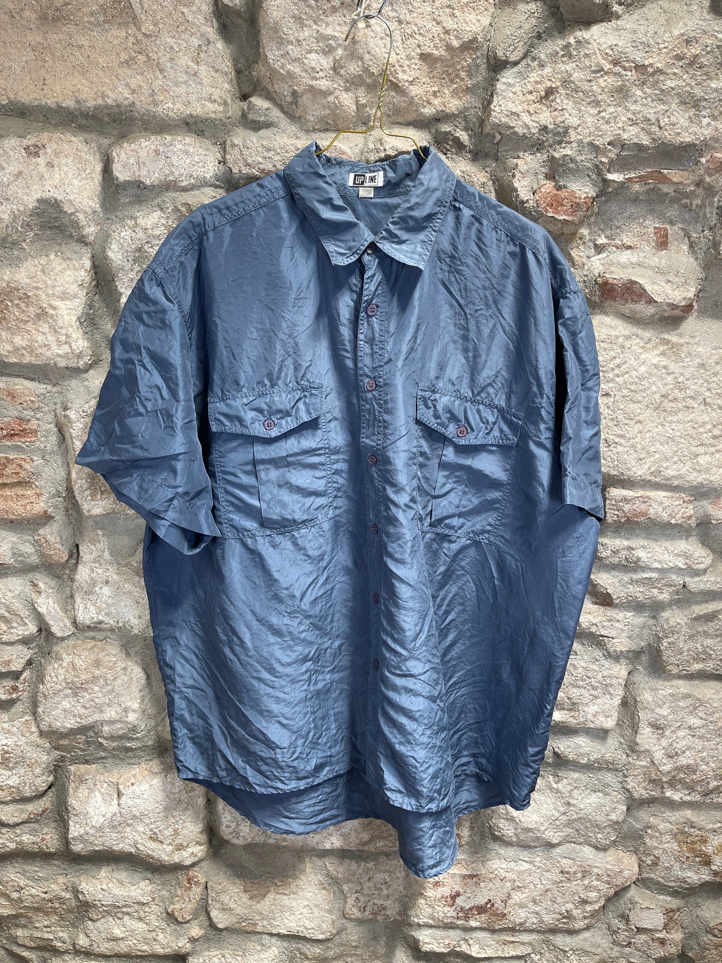 Vintage Navy UP Line Short Sleeve Silk Shirt XXL