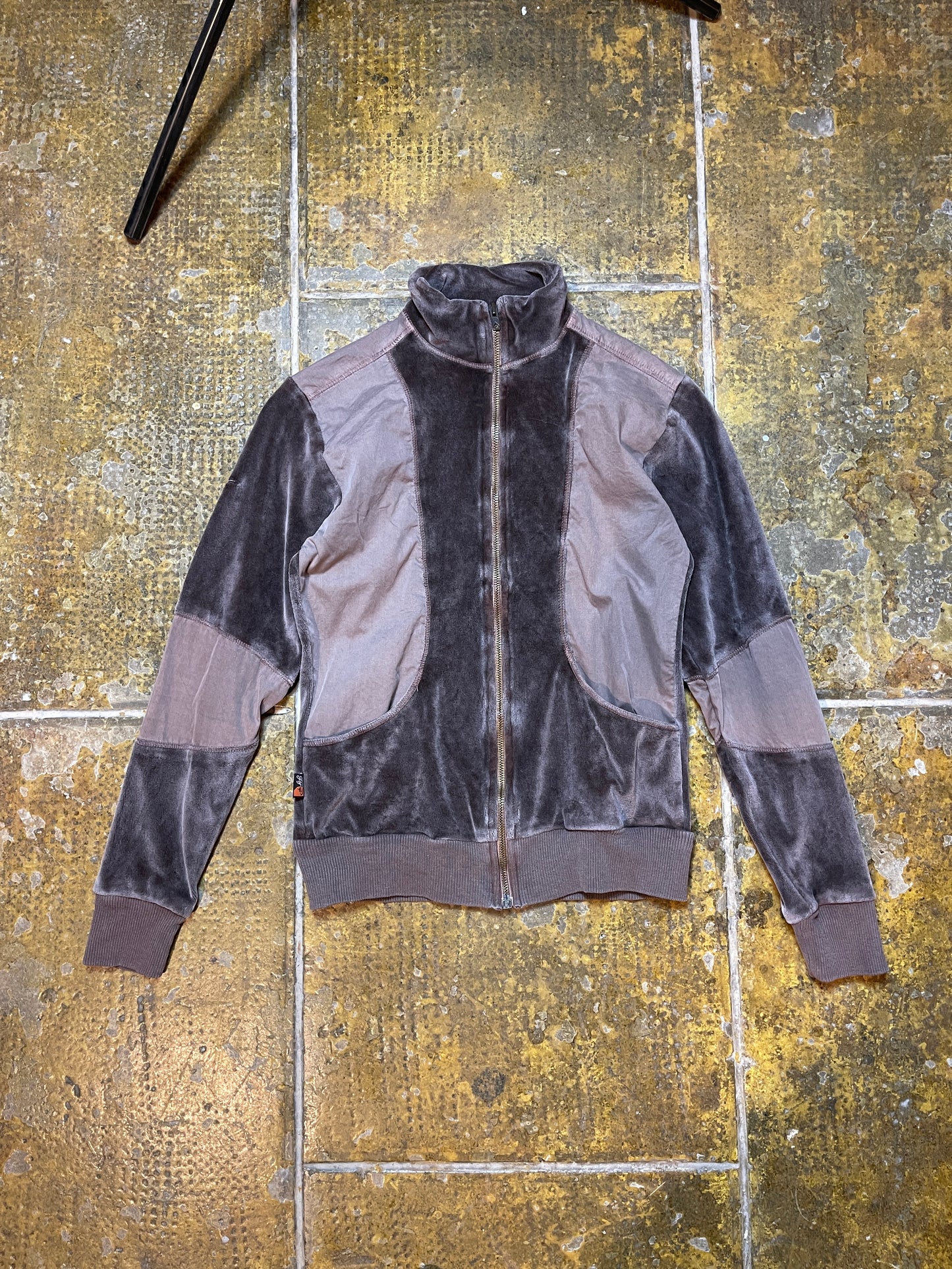 Fly Up Zip Through Velour Sweatshirt Brown 2000s y2k - XS