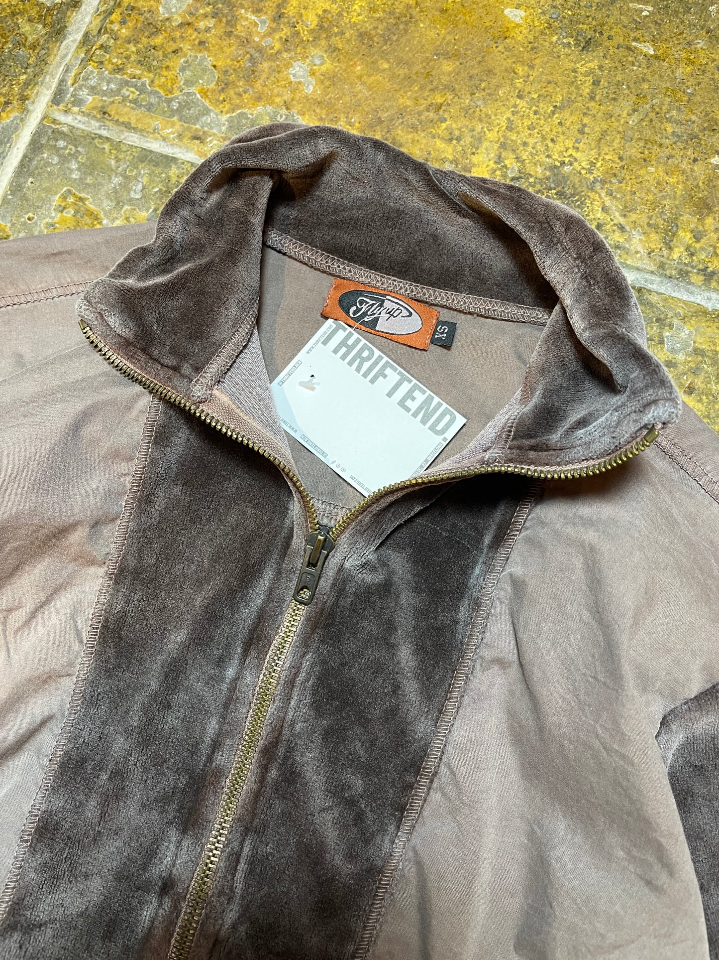 Fly Up Zip Through Velour Sweatshirt Brown 2000s y2k - XS