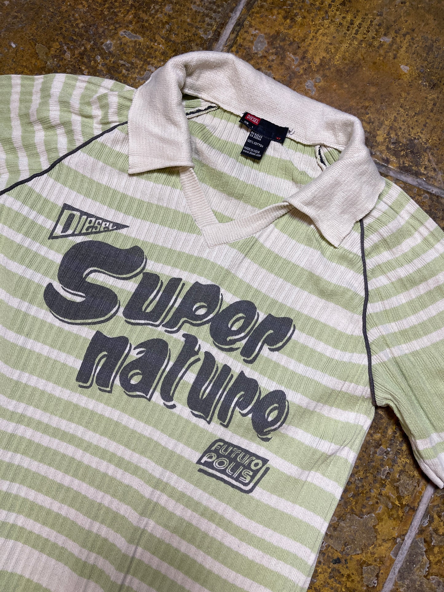 Diesel Short Sleeve Summer Sweatshirt Super Nature Green White 2000s y2k - L