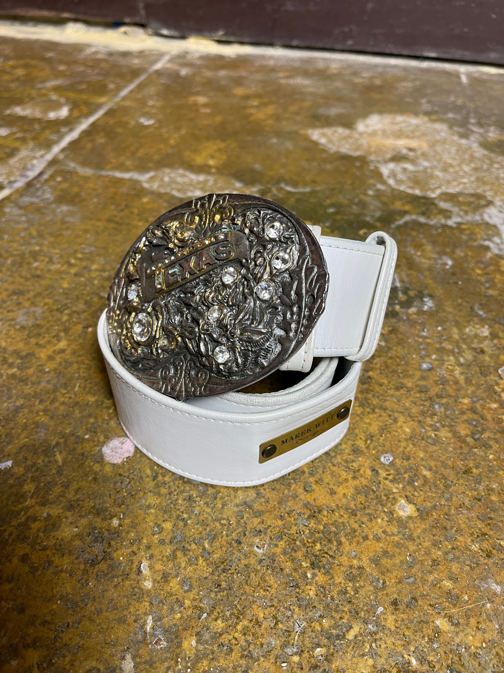 Marek Witt Design Big Metal Buckle Texas Leather Belt White 2000s y2k