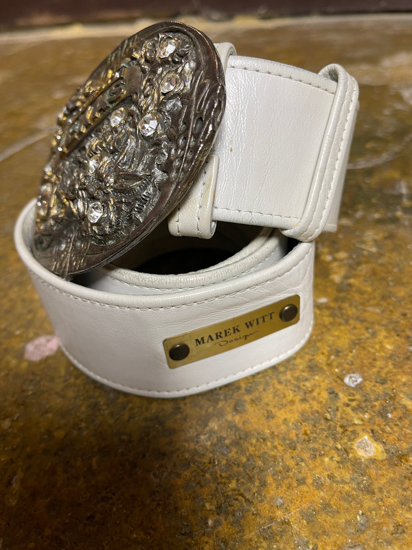 Marek Witt Design Big Metal Buckle Texas Leather Belt White 2000s y2k
