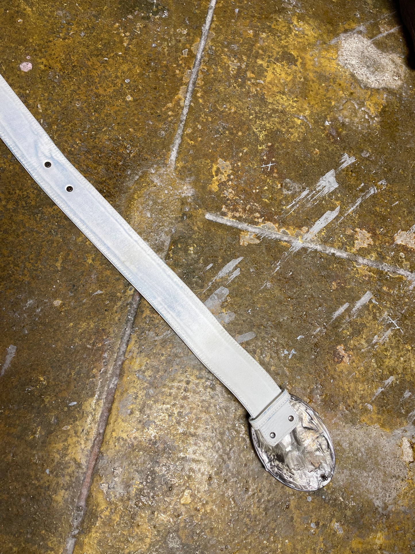 Marek Witt Design Big Metal Buckle Texas Leather Belt White 2000s y2k