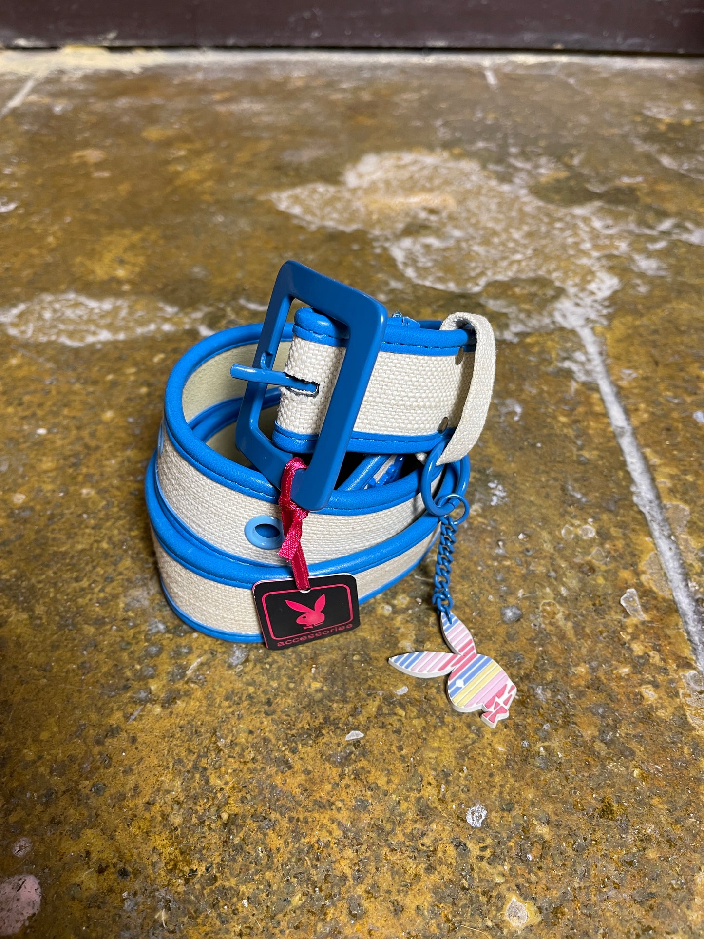Playboy Belt Leather Cotton Blue Cream 2000s y2k Deadstock