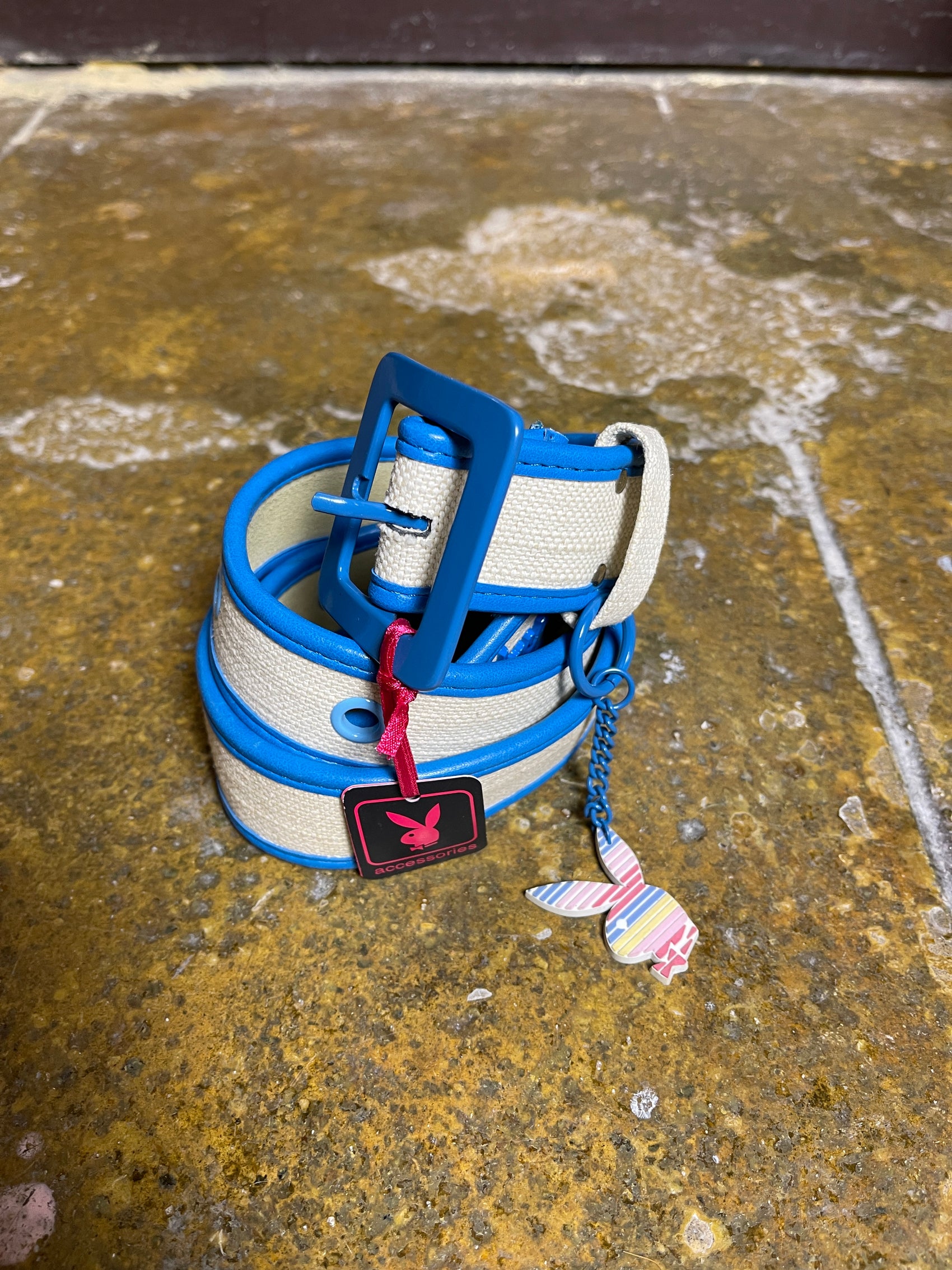 Playboy Belt Leather Cotton Blue Cream 2000s y2k Deadstock