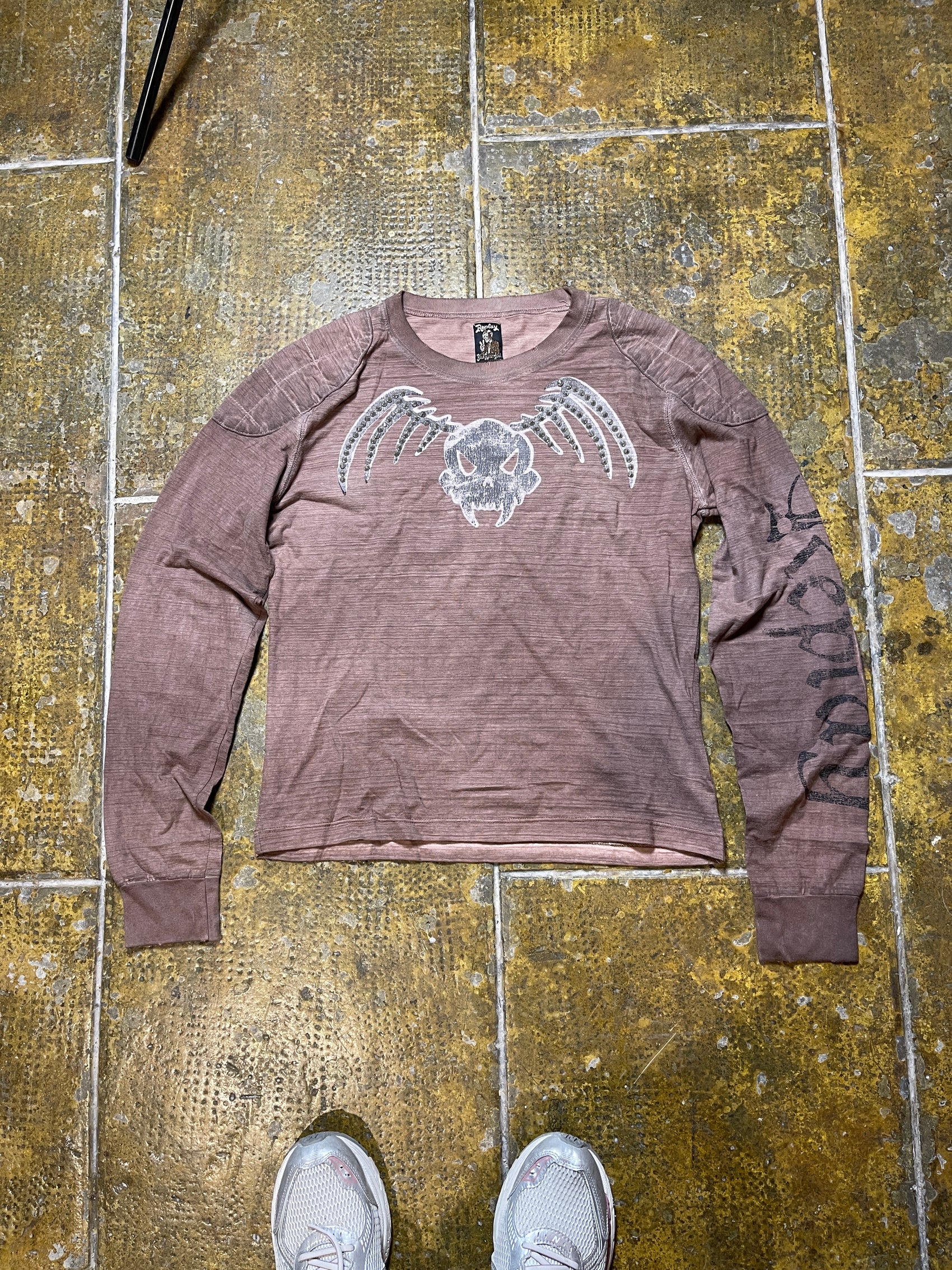 Replay Longsleeve Skull Brown Distressed Motorcycle Sword Club 2000s y2k Deadstock - L