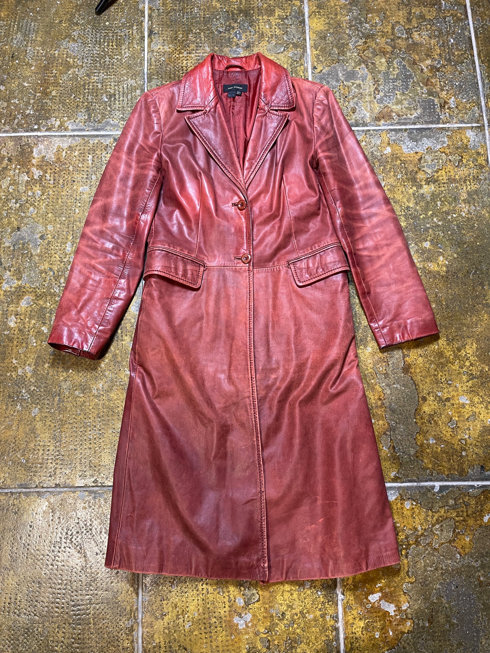VIntage Zara Long Leather Coat Red 1990s - L