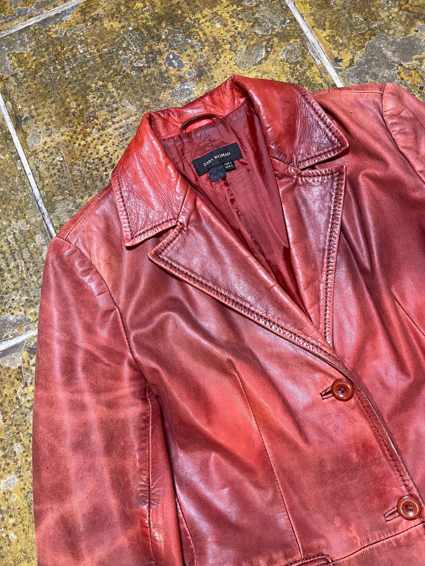 VIntage Zara Long Leather Coat Red 1990s - L