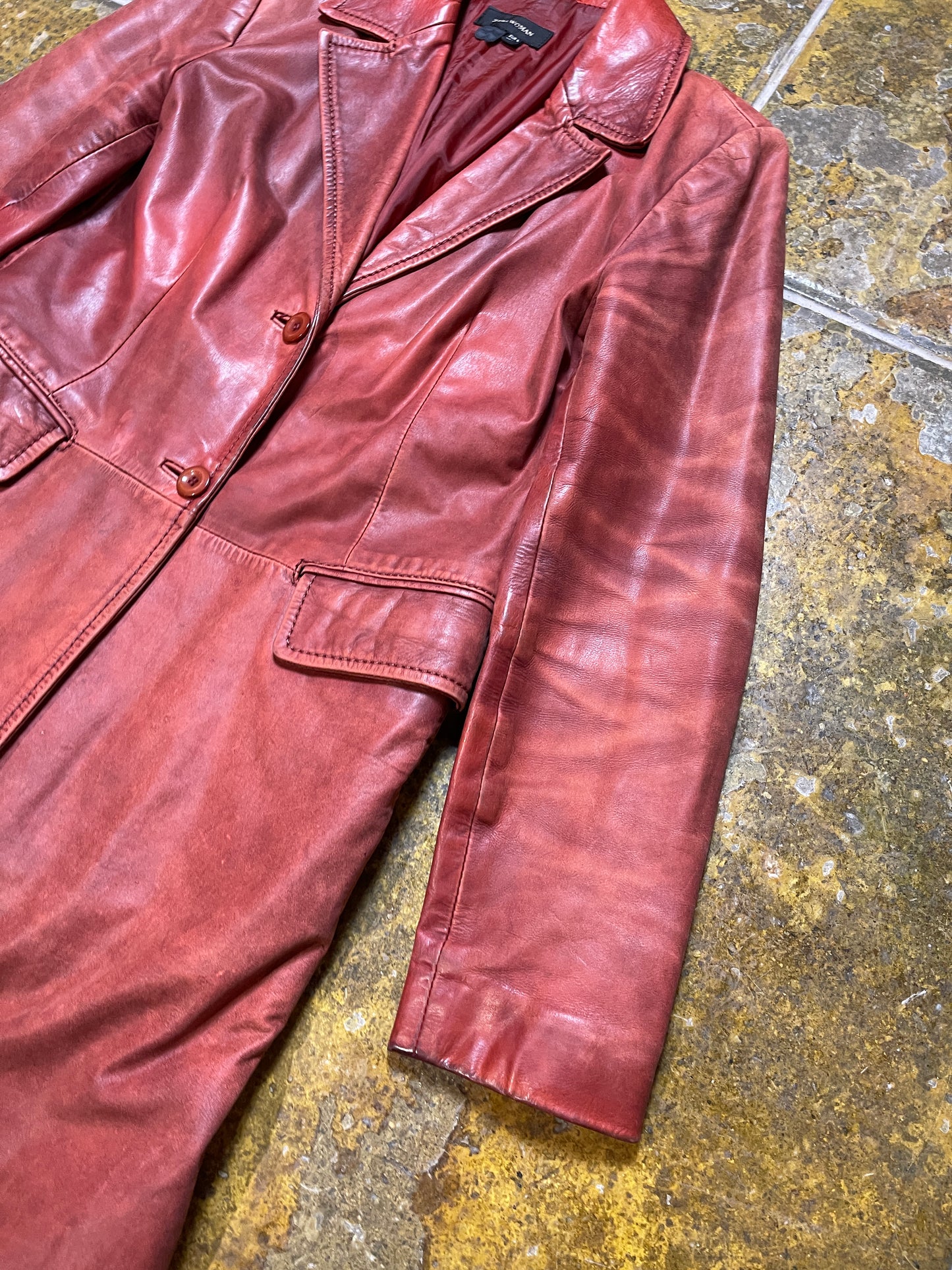 VIntage Zara Long Leather Coat Red 1990s - L