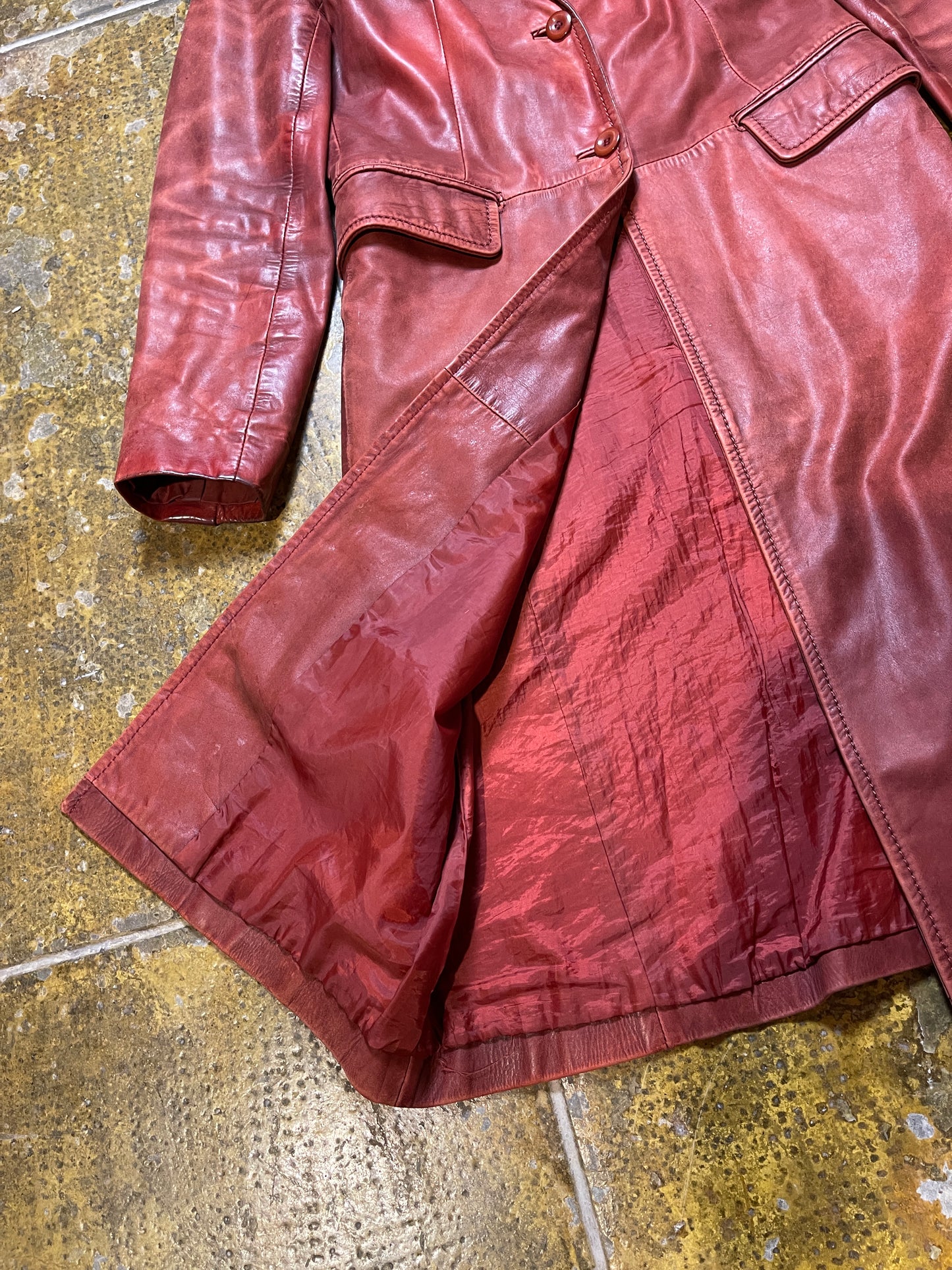 VIntage Zara Long Leather Coat Red 1990s - L