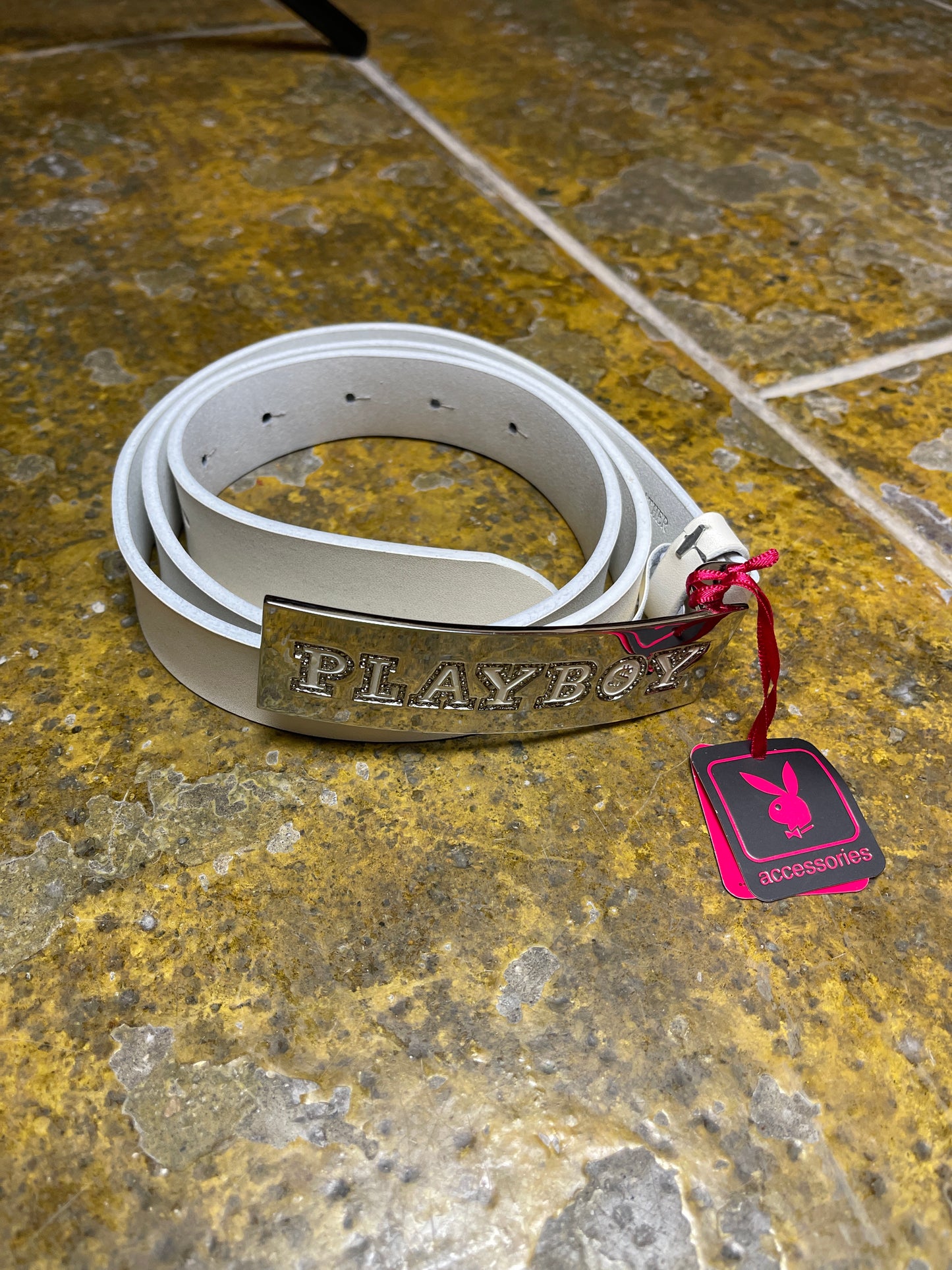 Playboy Leather Belt White Big Buckle Silver 2004 y2k