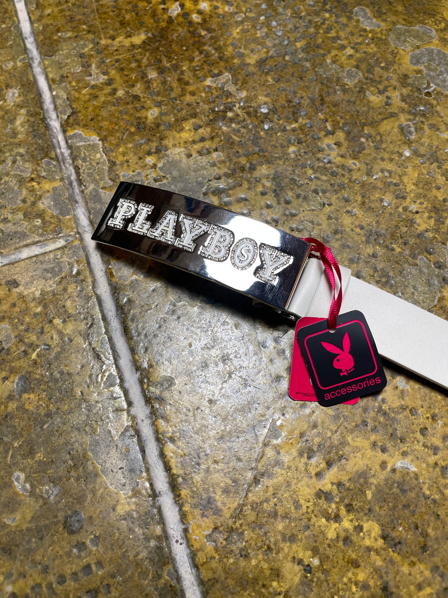 Playboy Leather Belt White Big Buckle Silver 2004 y2k
