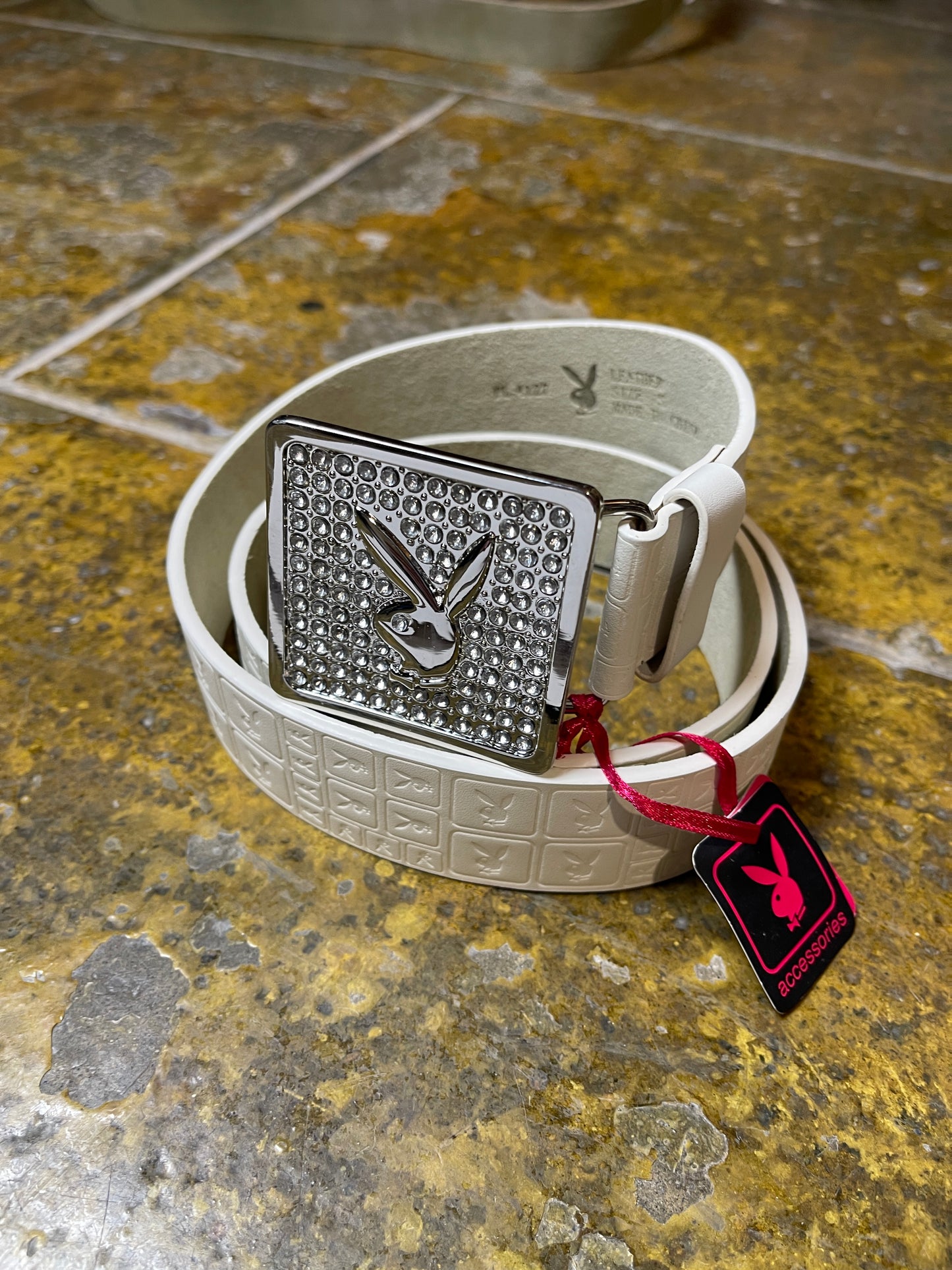 Playboy Leather Belt White Silver Big Buckle 2004 y2k