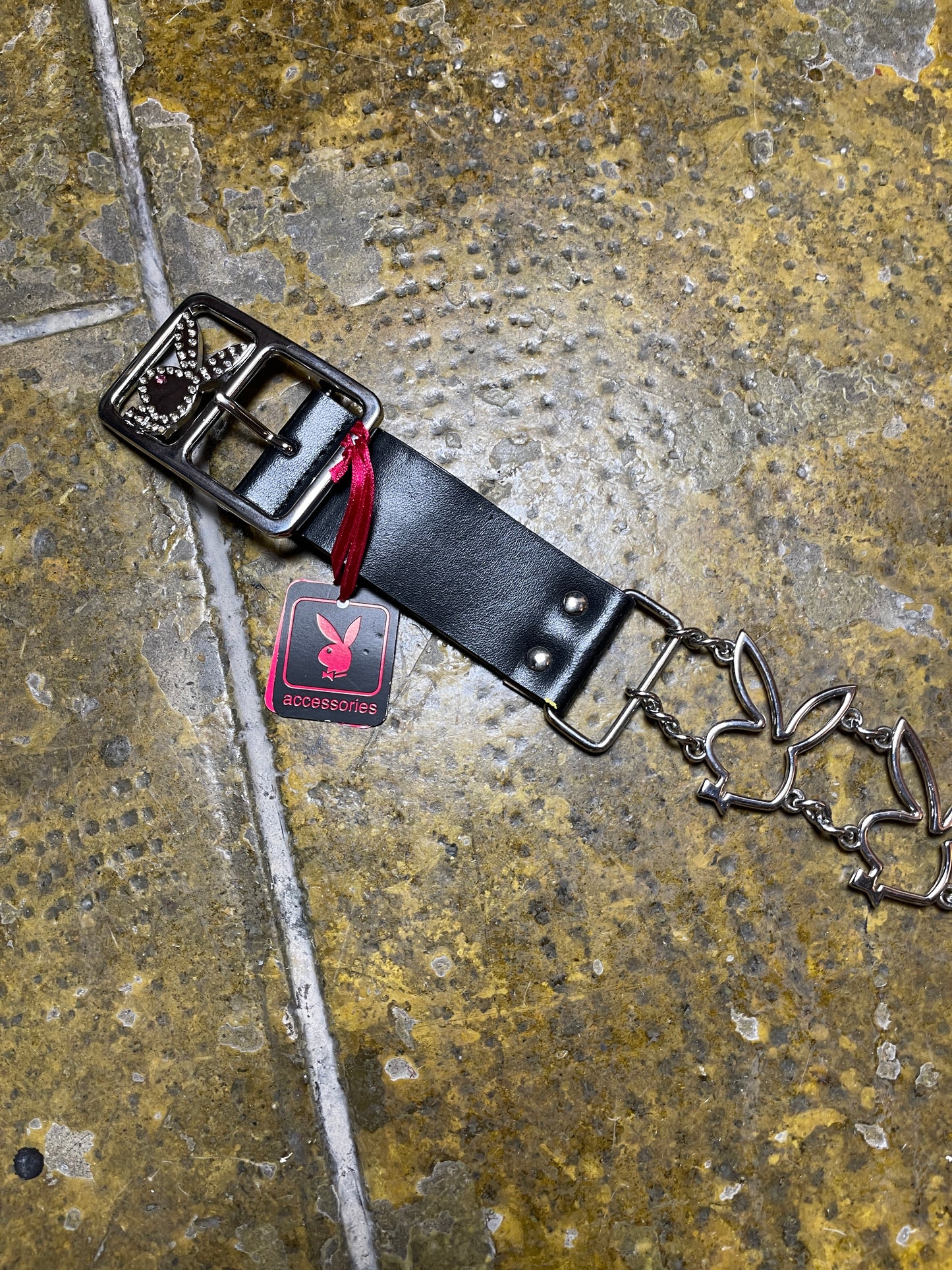 Playboy Leather Belt Black Silver Metal 2004 y2k