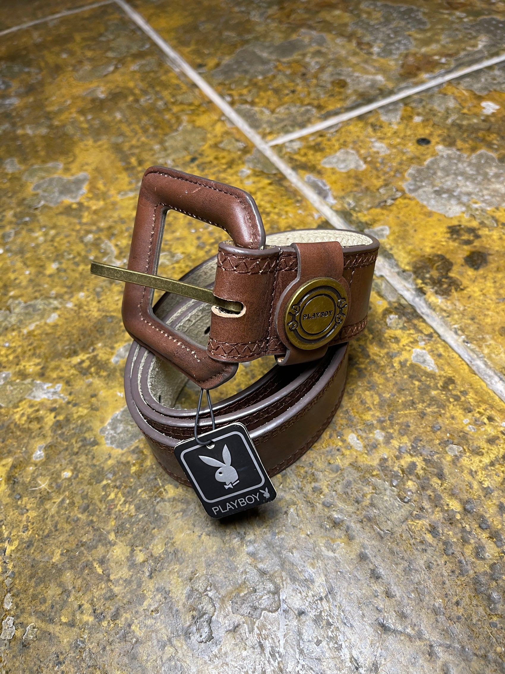 Playboy Leather Belt Brown Big Buckle 2000s y2k
