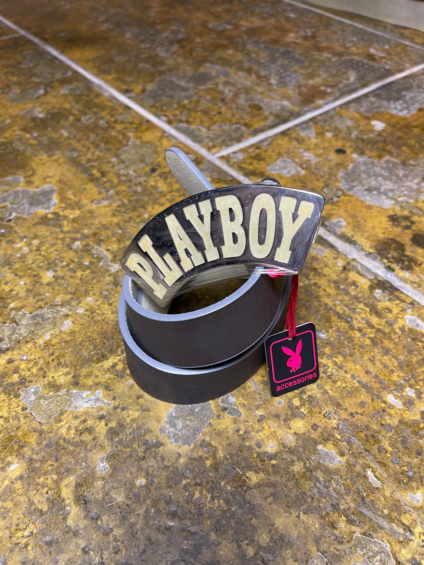 Playboy Leather Belt Gray Big Buckle Silver Metal 2004 y2k