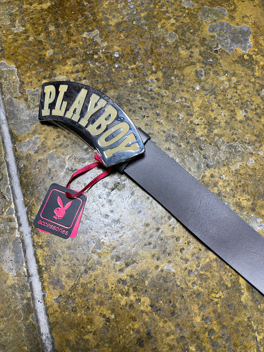 Playboy Leather Belt Gray Big Buckle Silver Metal 2004 y2k