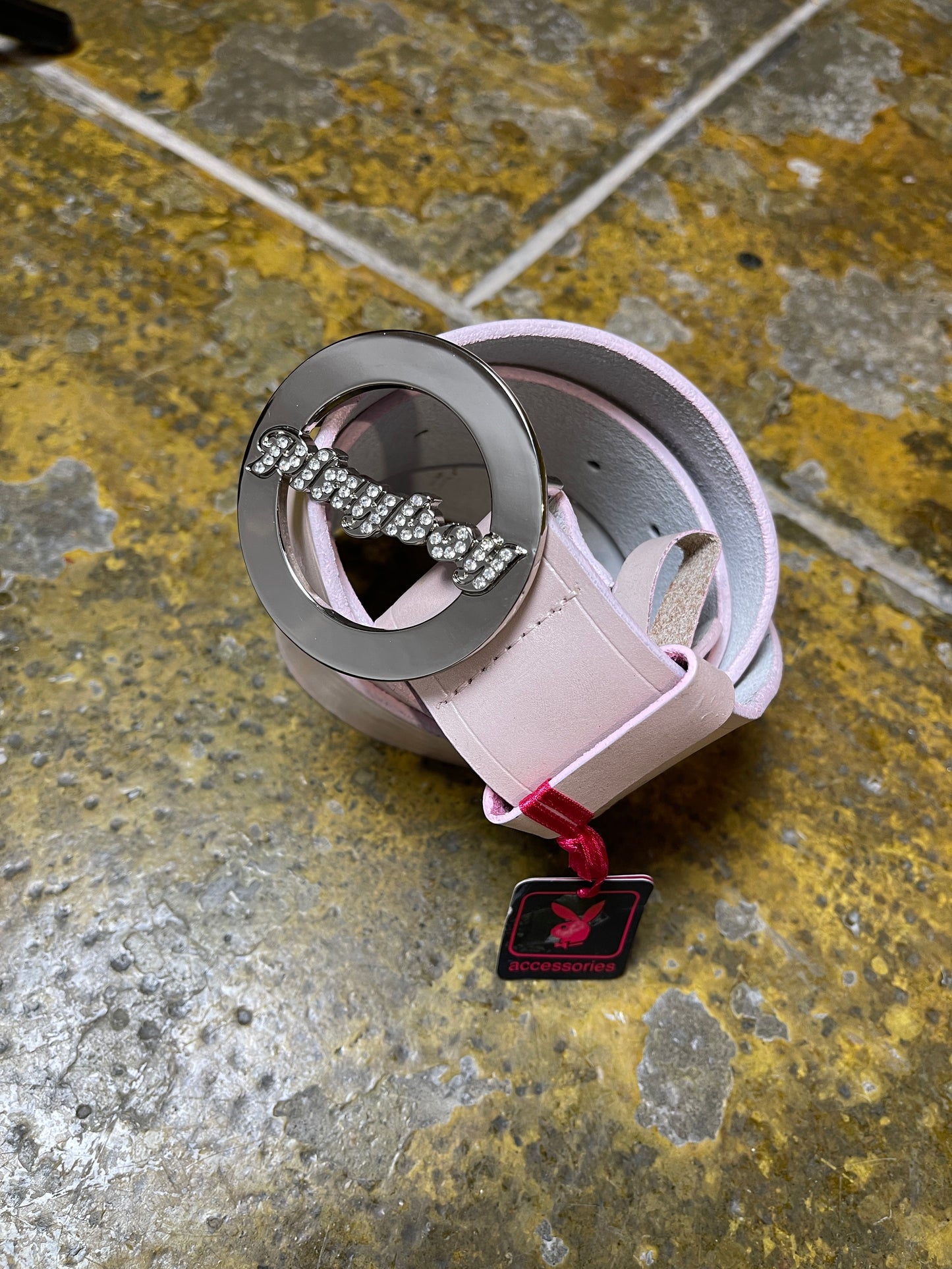 Playboy Leather Belt Rose Big Buckle Silver Metal 2004 y2k