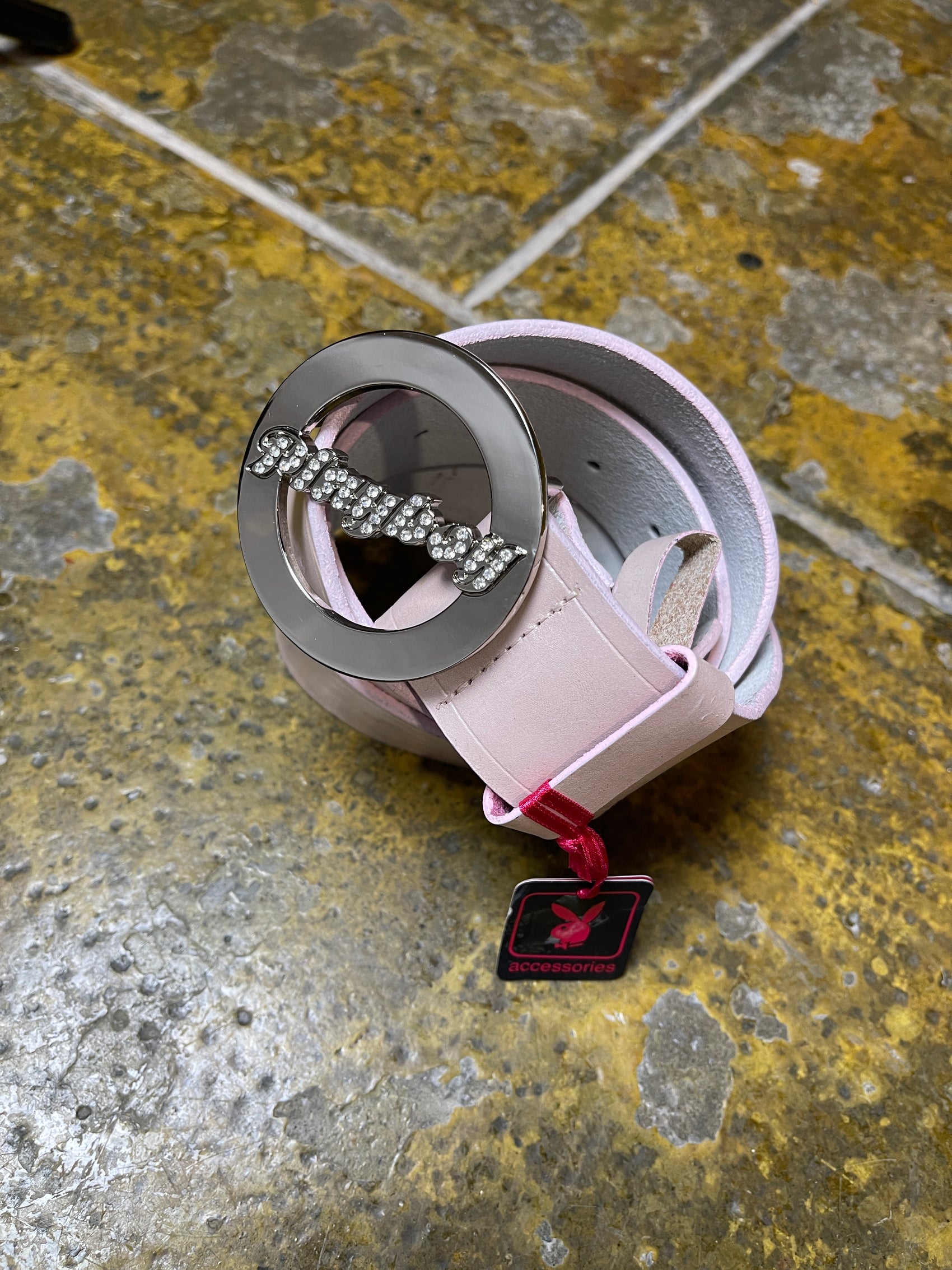 Playboy Leather Belt Rose Big Buckle Silver Metal 2004 y2k