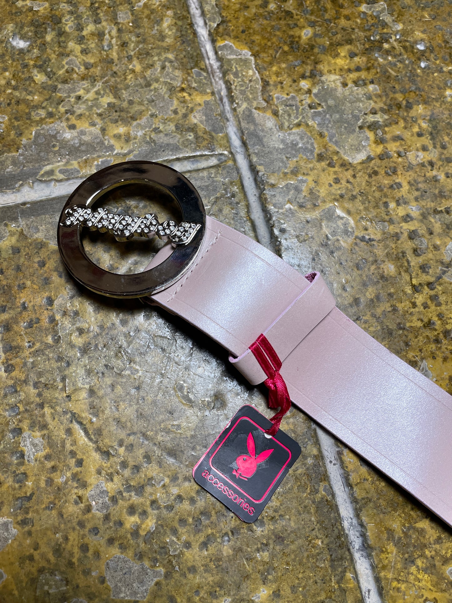 Playboy Leather Belt Rose Big Buckle Silver Metal 2004 y2k