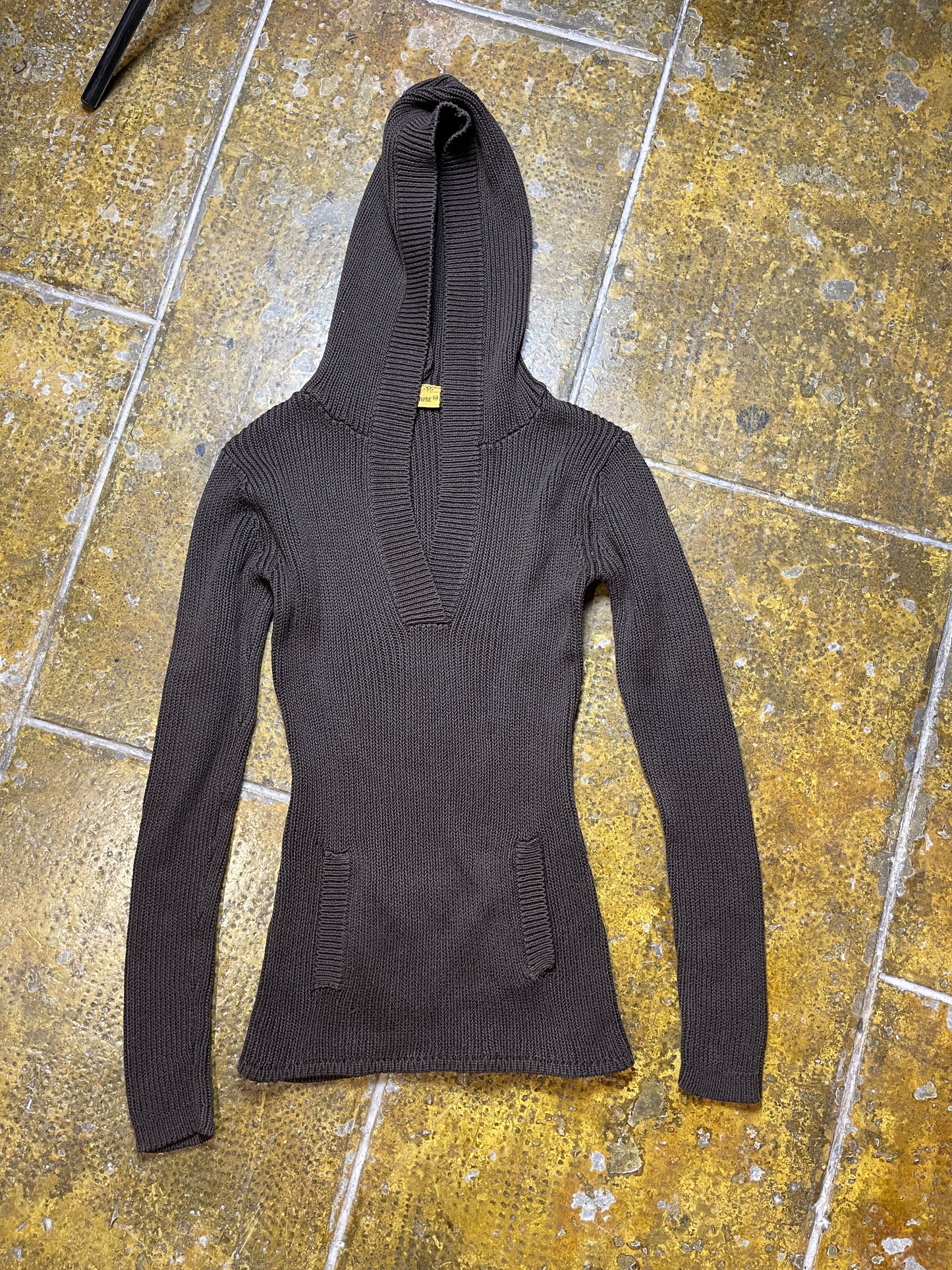 Clockhouse Knitted Hooded Sweatshirt Brown 2000s y2k - XS