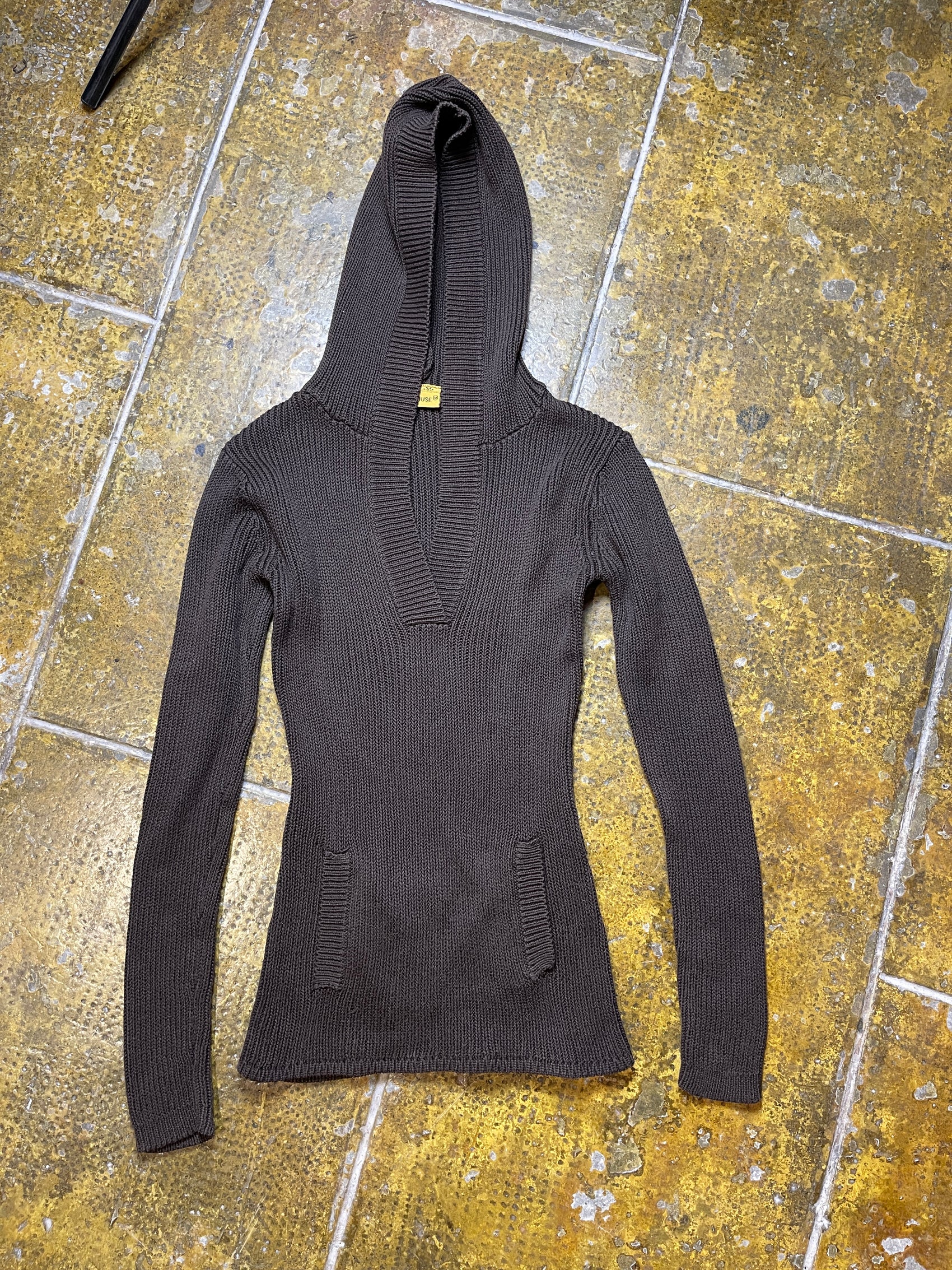 Clockhouse Knitted Hooded Sweatshirt Brown 2000s y2k - XS