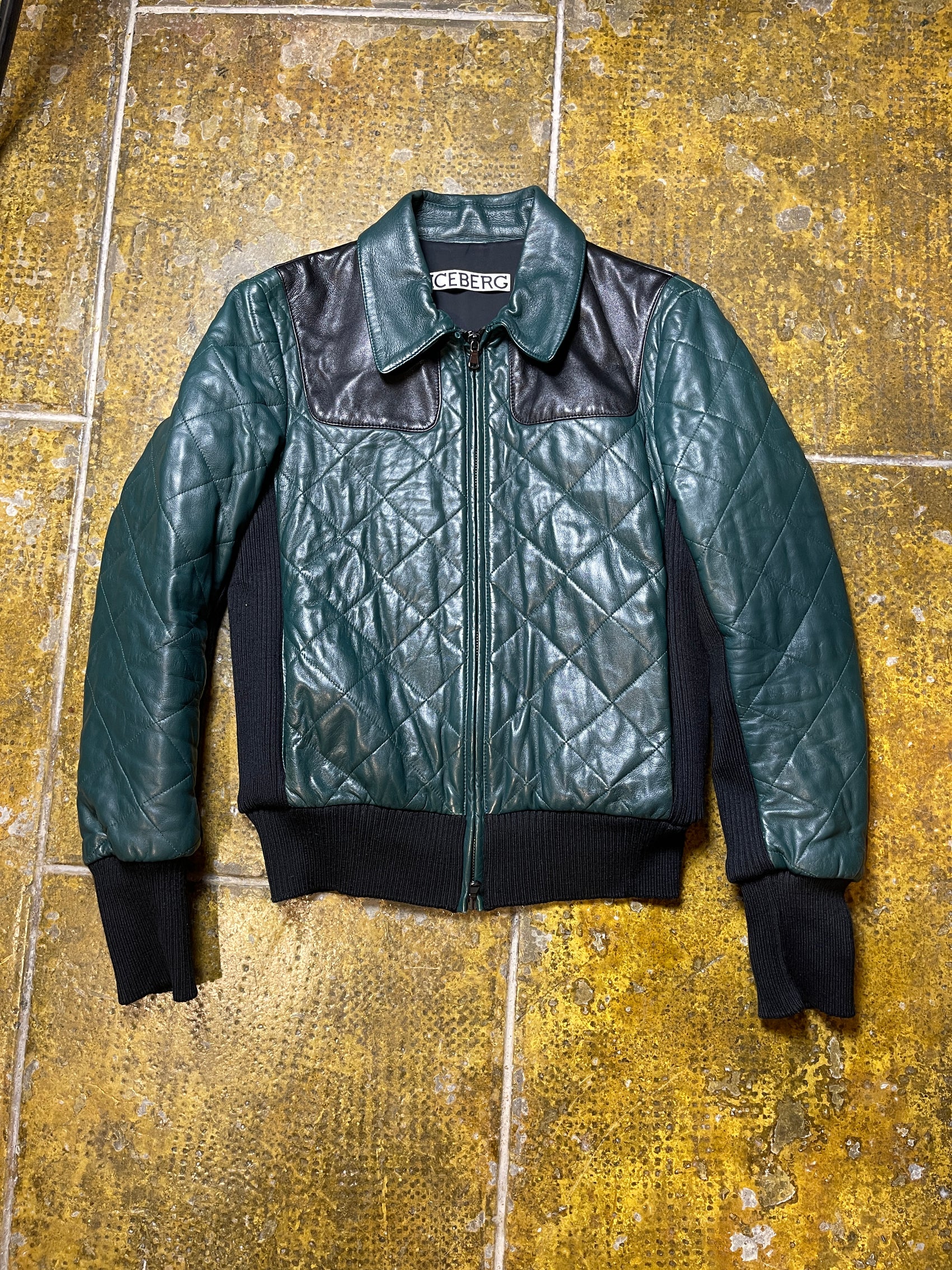 Iceberg Quilted Leather Jacket Green Black - L