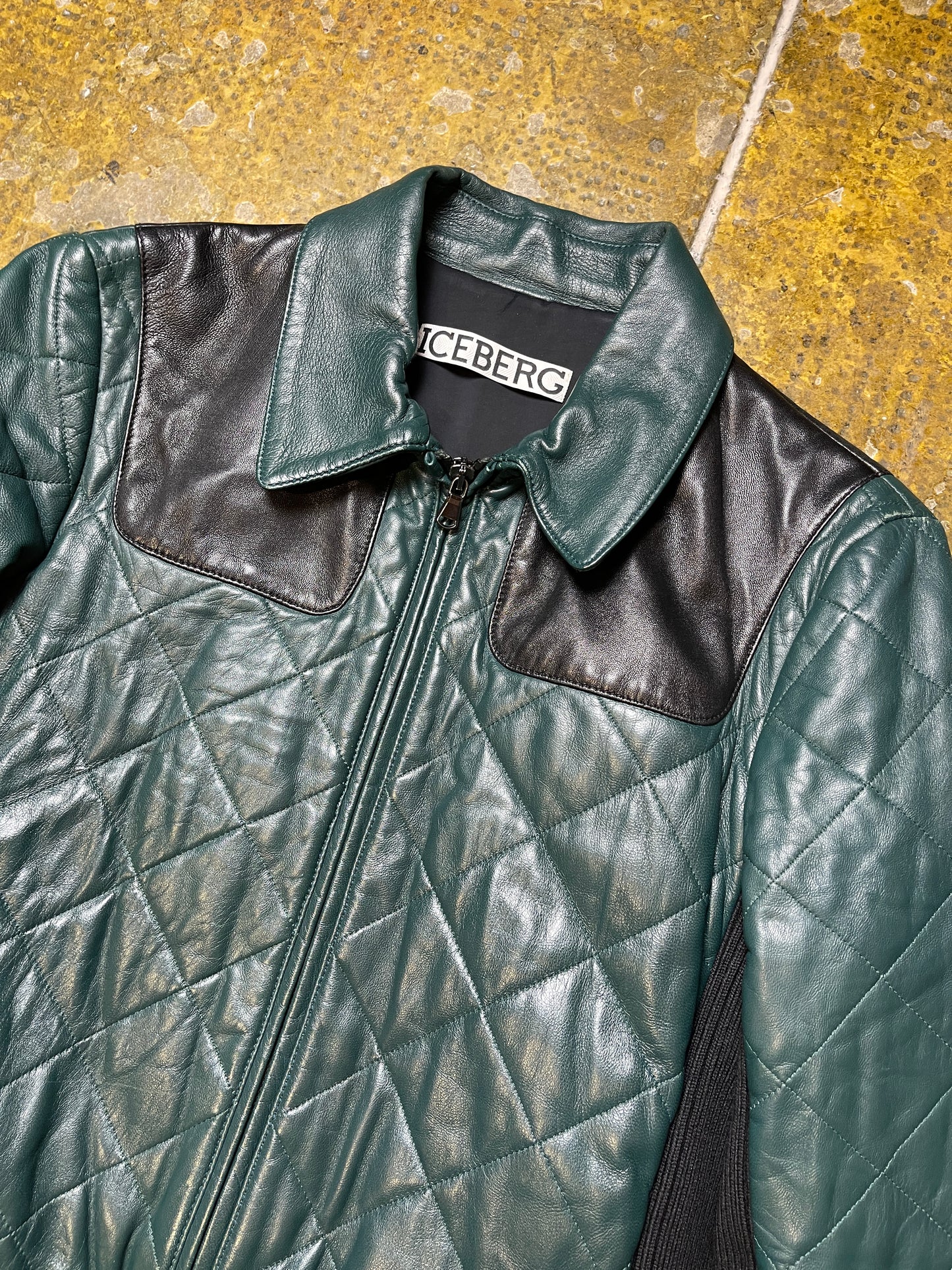 Iceberg Quilted Leather Jacket Green Black - L