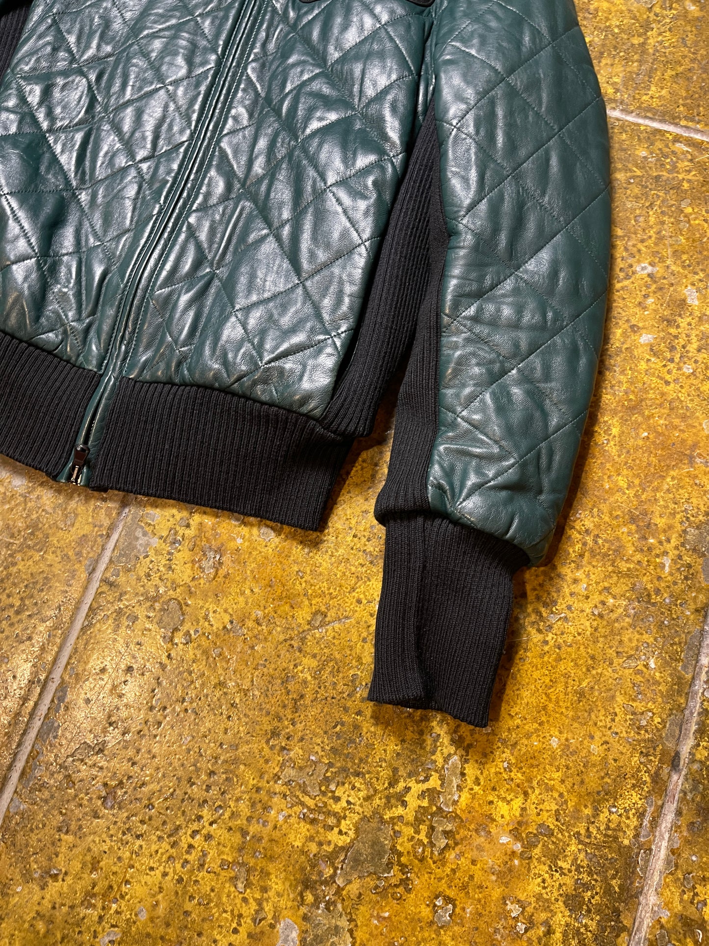 Iceberg Quilted Leather Jacket Green Black - L