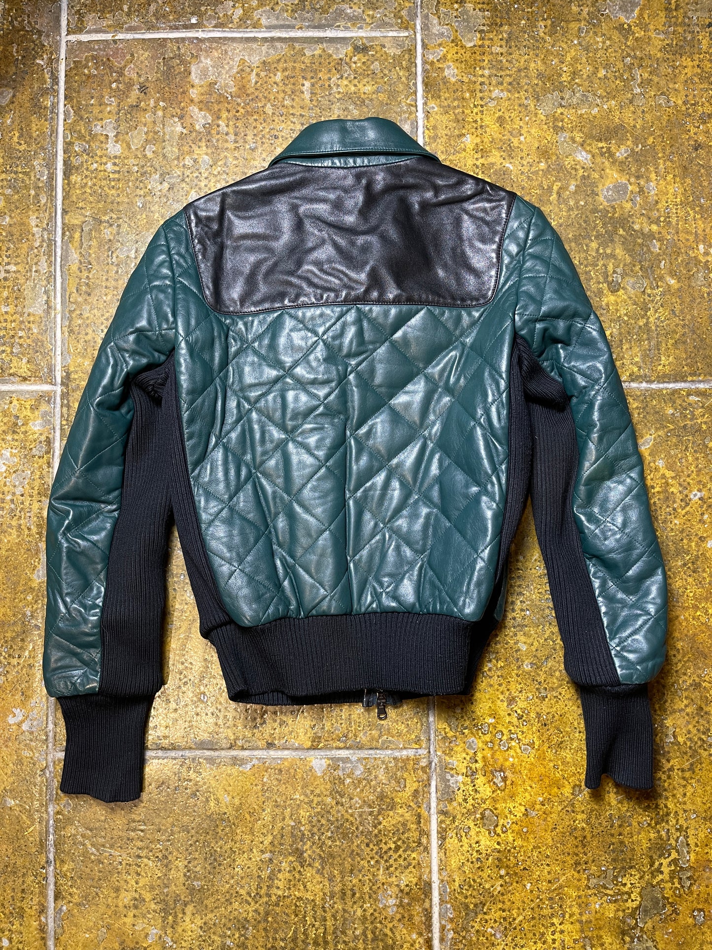 Iceberg Quilted Leather Jacket Green Black - L