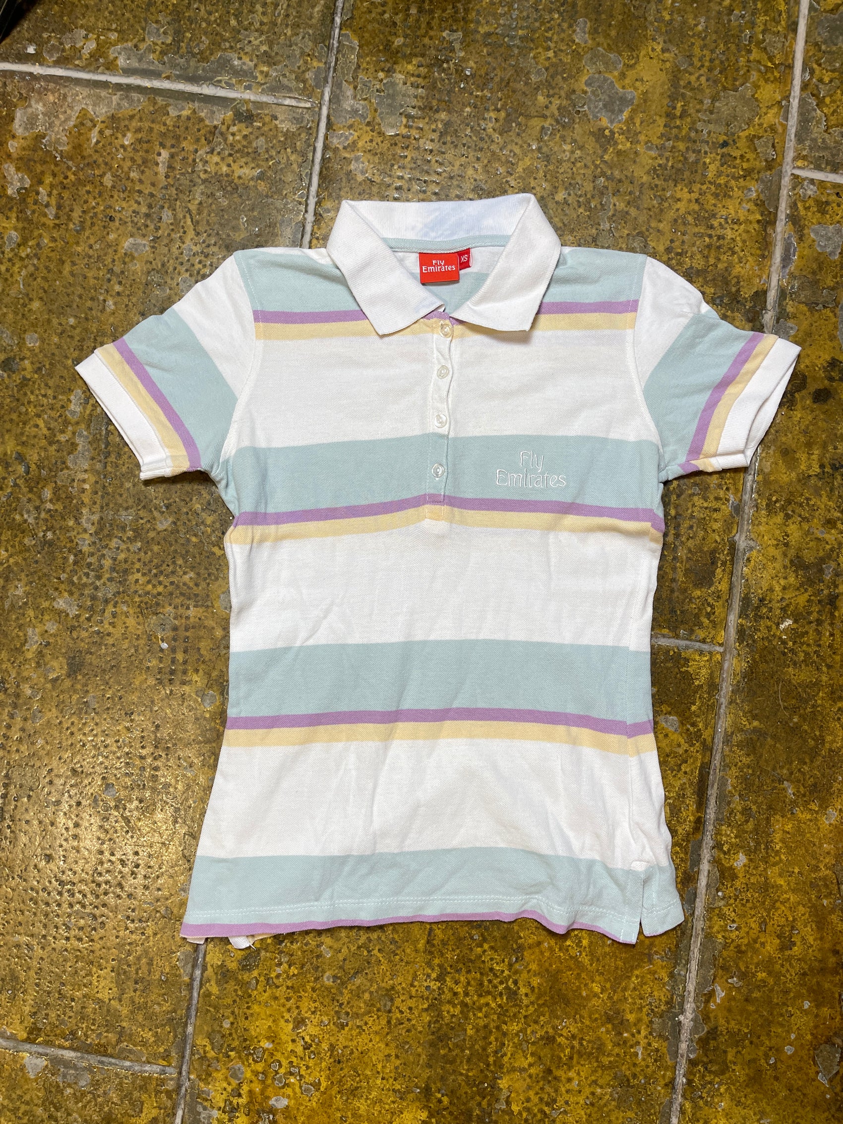 Fly Emirates Short Sleeve Polo Top White Multicolor 2000s y2k - XS